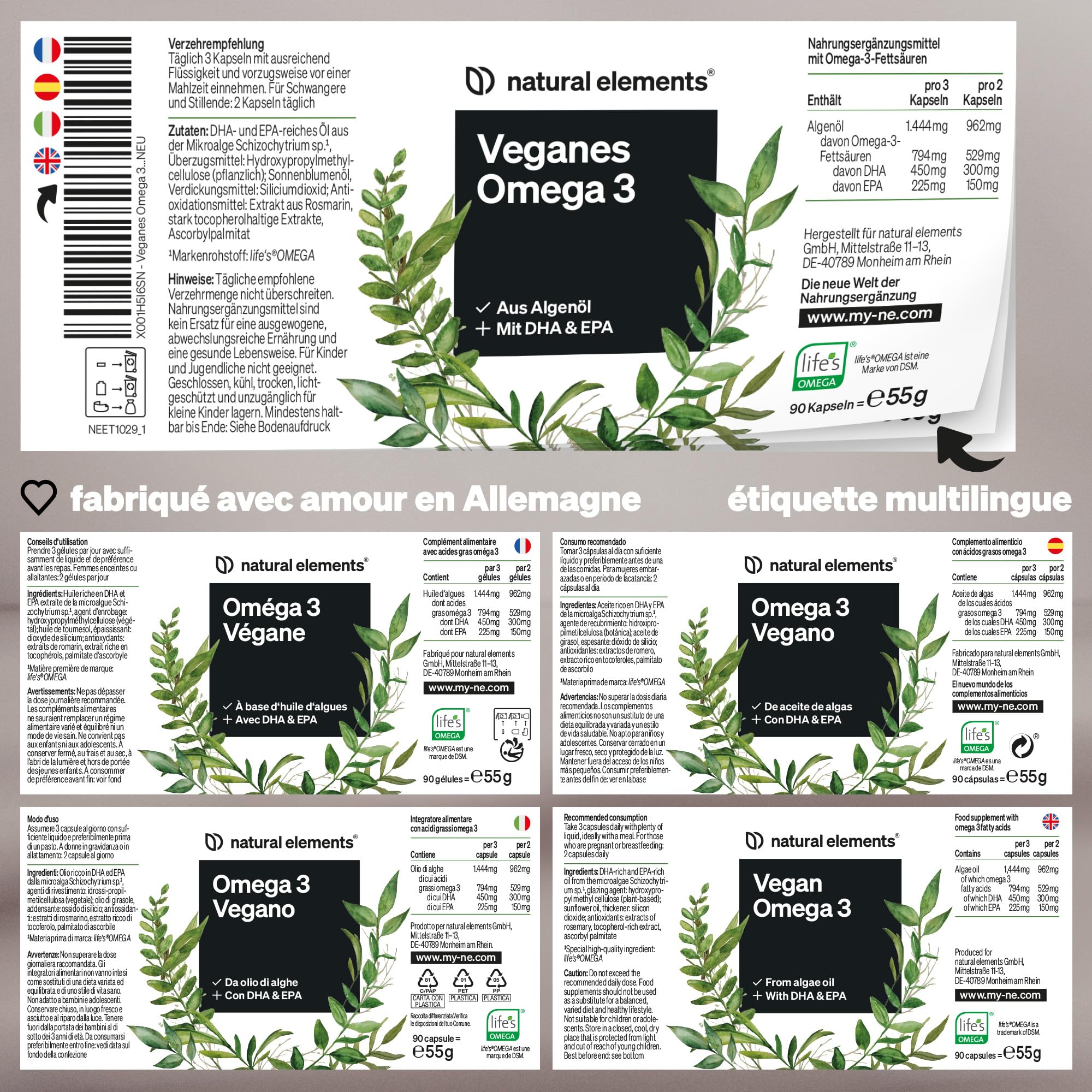 Omega 3 Vegan – 1444mg Huile d’Algues – 90 Gélules – Oméga 3 avec DHA & EPA de haute qualité – Omega 3 pour végétaliens – contrôlé en laboratoire