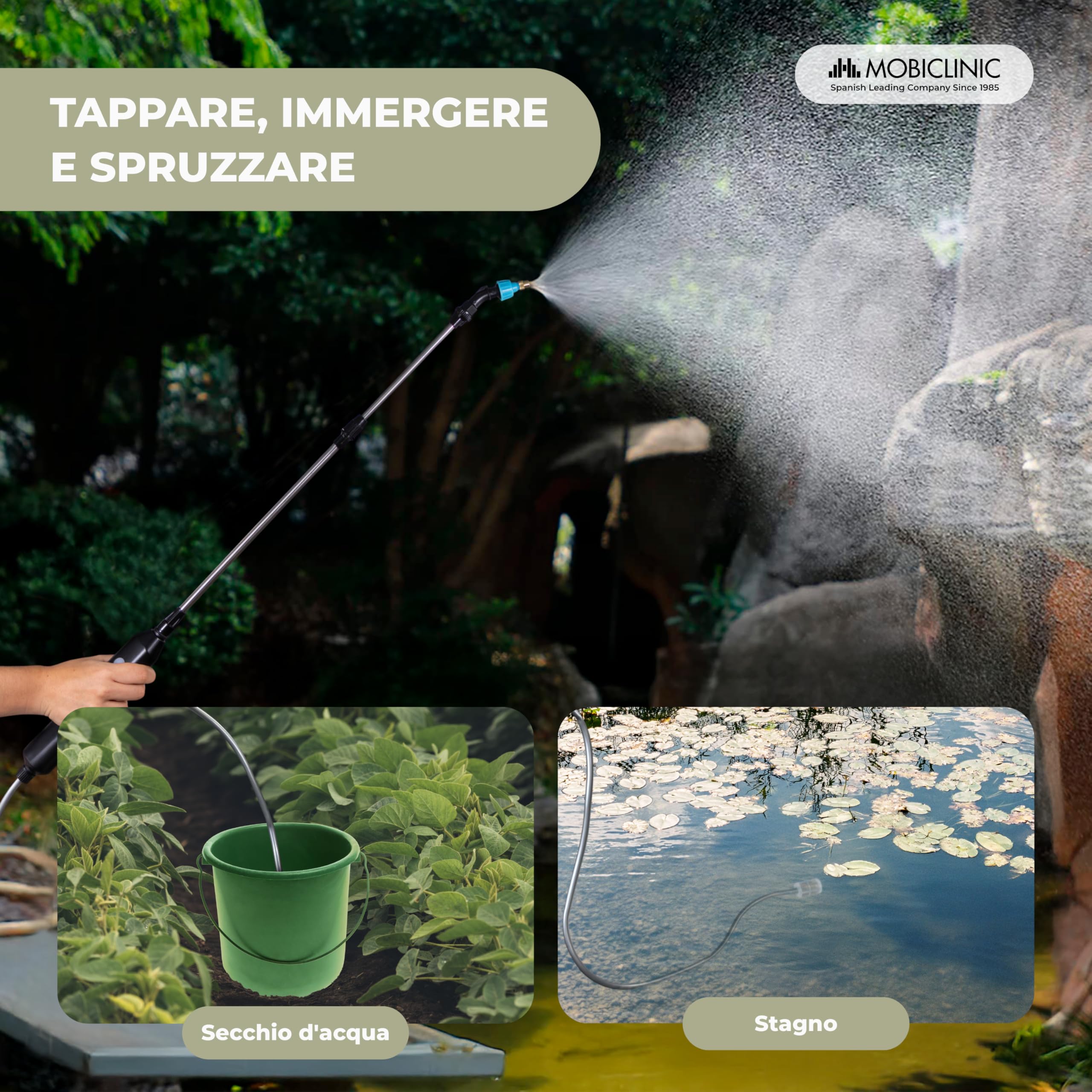 Mobiclinic®, Spruzzatore Elettrico, 3M, 4 Ugelli, 2 Impostazioni di Potenza, Autonomia 2 a 3 Ore, Tubo Estensibile 60-85 cm, USB, Impugnatura Ergonomica, Irrigazione e Pulizia, Profumig