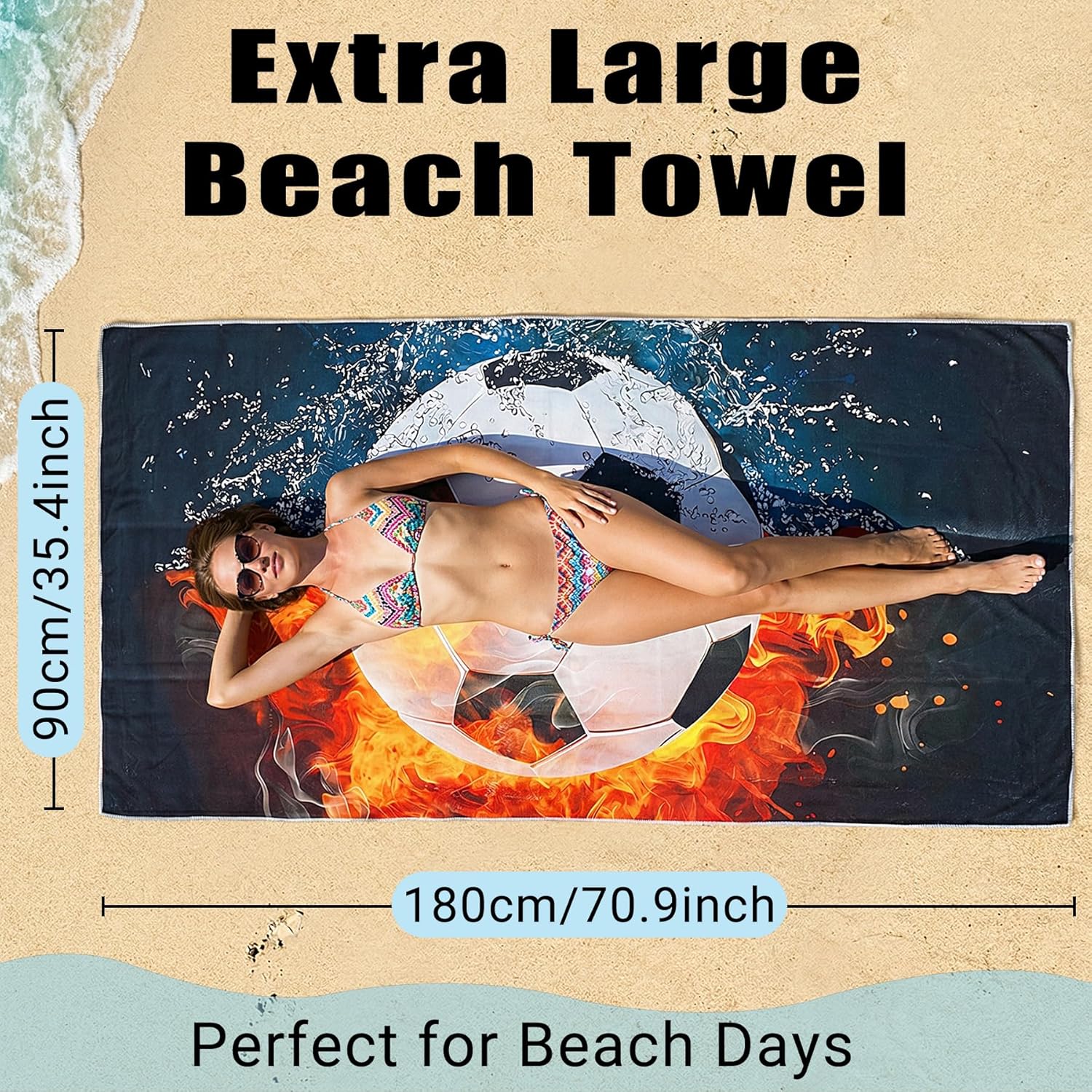 Large Soccer Beach Towel - 71" x 35" Oversized Microfiber Sand Free Quick Dry Absorbent Compact Sports Beach Towel for Pool Travel Gym Bath Camping- Cool Soccer Fan Gifts for Men Women Summer Vacation