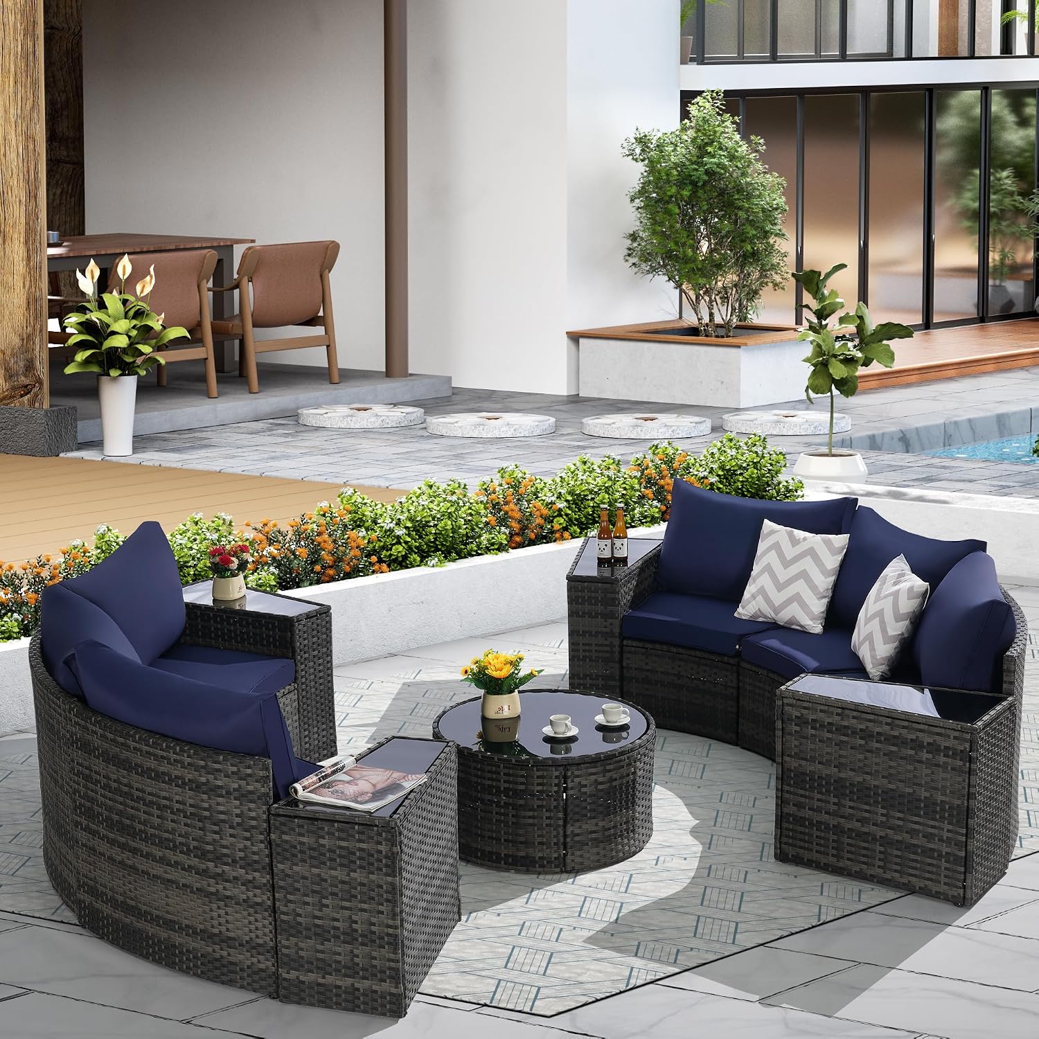 Outdoor Patio Furniture 11-Piece Half-Moon Sectional Sofa Set with Tempered Glass Round Coffee Table, All-Weather Rattan Wicker