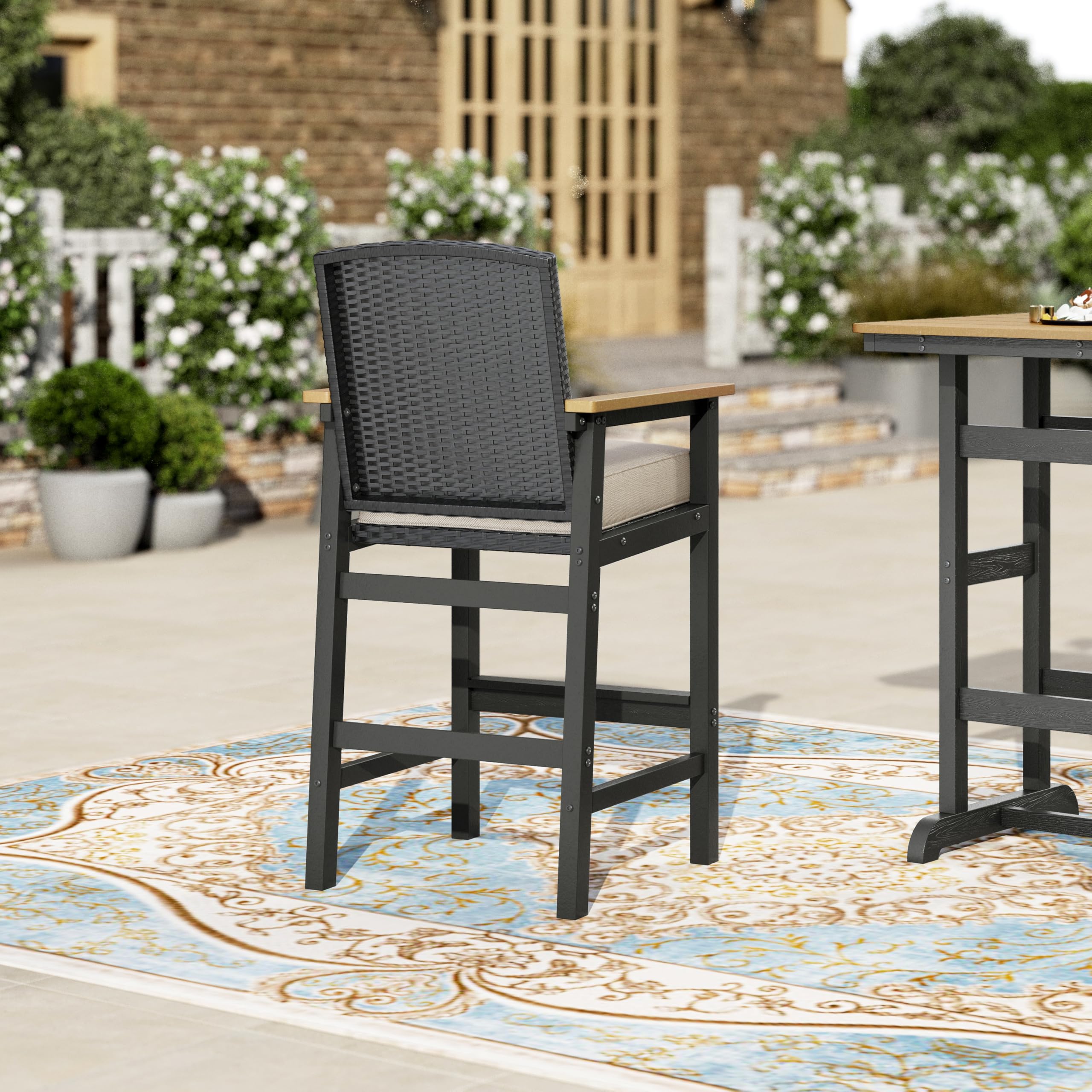 PHI VILLA 3-teiliges Bartisch mit Barhocker Set, Outdoor Barmöbel Garten Bartisch Set mit Rattan Hocker und Tischplatte in Holzmaserung, Bar Tisch mit 2 Stühlen für Terrasse