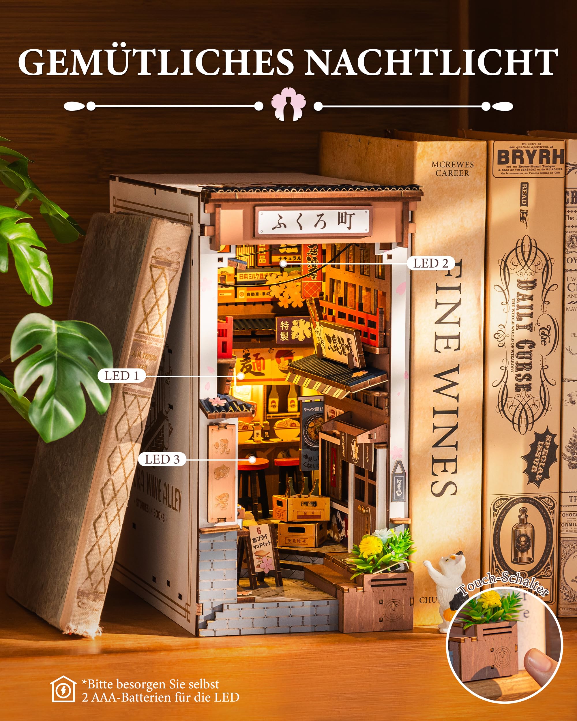 Rolife Book Nook Kit für Erwachsene DIY Miniature House mit Licht Sakura Wine Alley Booknook Bausatz 3D-Holzpuzzle Bücherstütze für Regal Bibliothek Bücherregal Dekoration