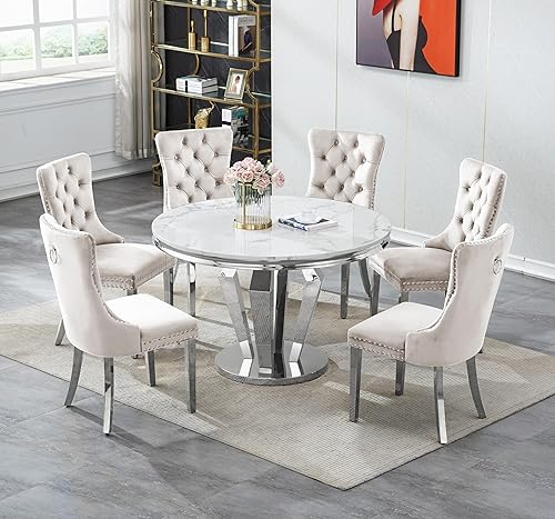 Miniatura 15 de Juego de 4 mesas de comedor redondas de mármol para 4, mesa de cocina redonda moderna y sillas de terciopelo beige, mesa de comedor de mármol blanco