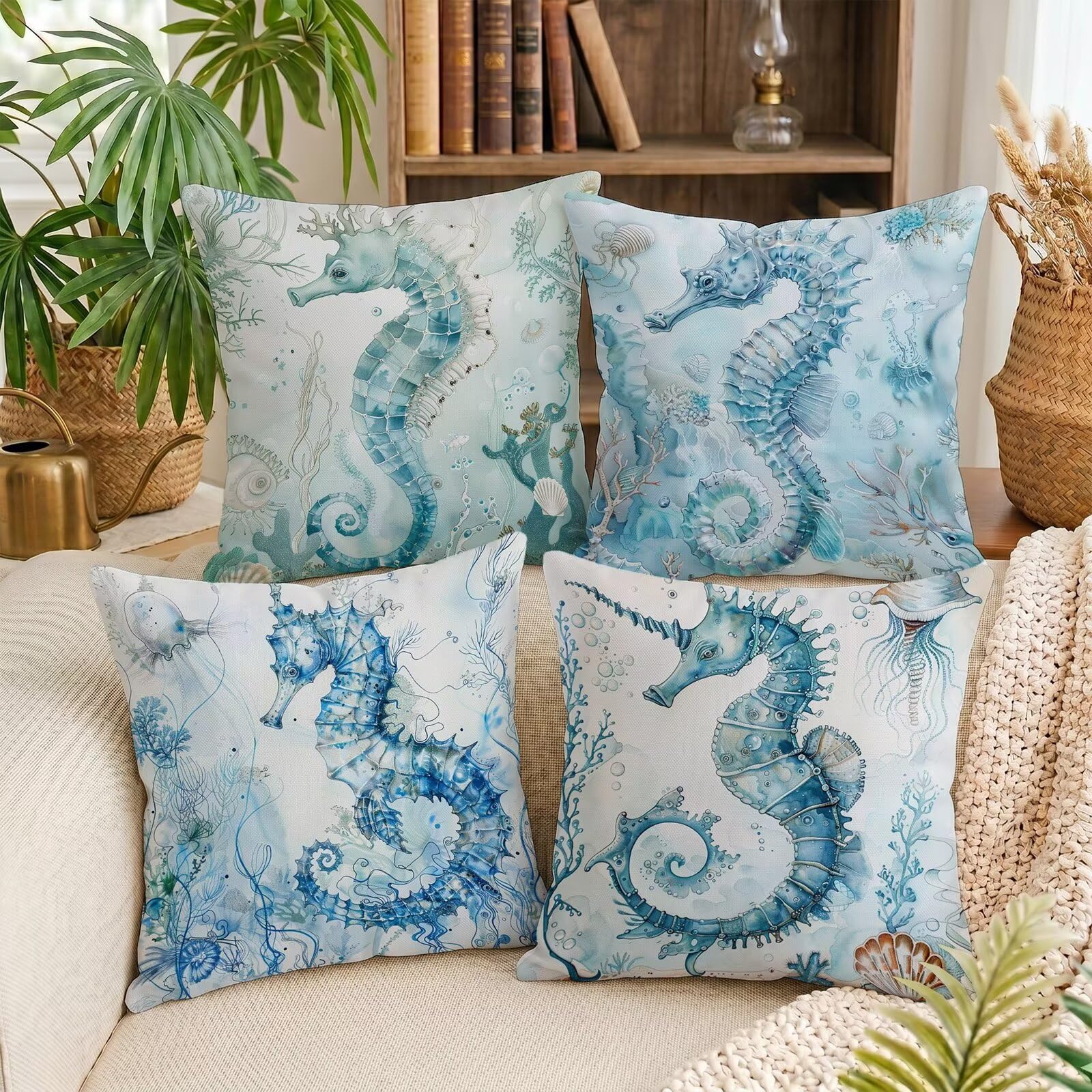 Federe Cuscini Divano 60x60cm Set di 4 Stampa Fronte-Retro Oceano Haima in Lino Copricuscini, Cuscini da Esterno Impermeabili per Soggiorno Camera da Letto Giardino & Arredamento Casa C-O162