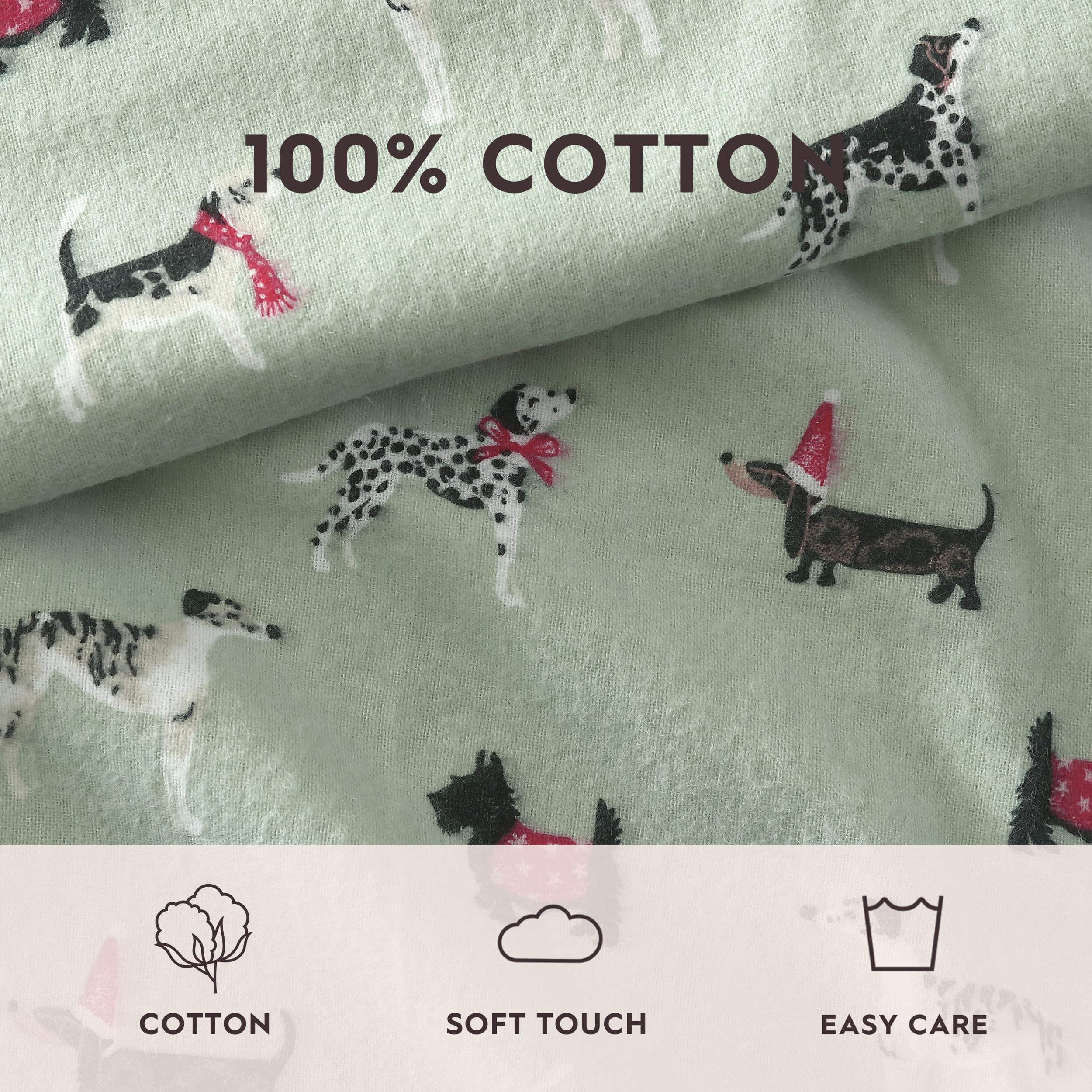 Laura Ashley Baumwoll-Flanell Bettwäsche-Set | Ultraweich & Wärmend | Holiday Pups Green | Inkl. Spannbetttuch & Kissenbezüge