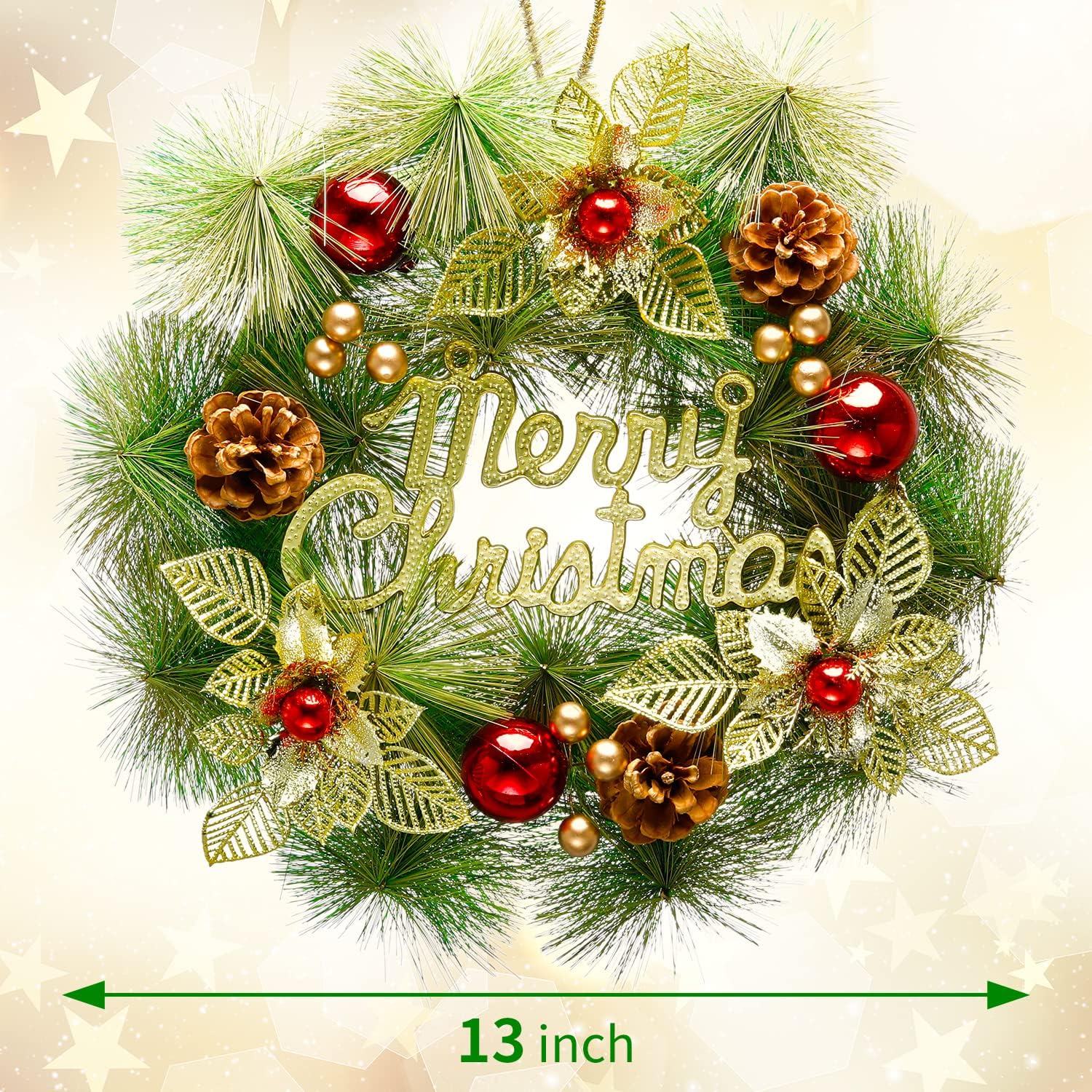 Ohuhu Christmas Wreath, Artificial Christmas Wreaths, Xmas Pine Wreath Garland, Wall Hanging with Gold Leaves, Red Balls, Pine Cones for Front Door Christmas Decorations