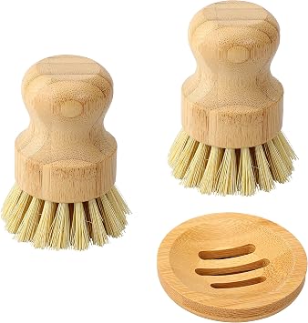 Bamboo Dish Scrub Brush, Kitchen Dish Scrubber Brush Set for Cleaning Dishes,Sink, Cast Iron Pan/Pot