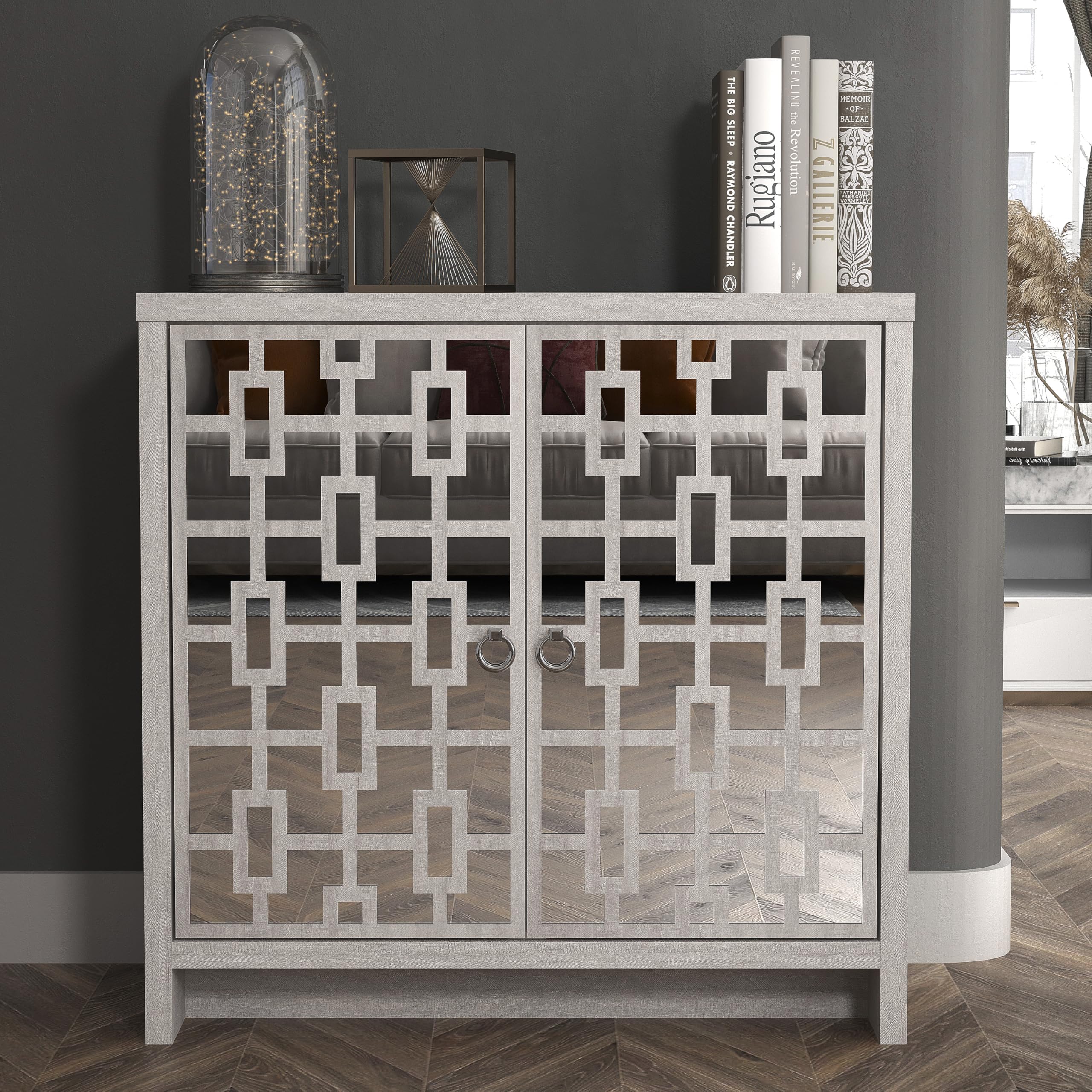 Galano Mollison 2 Door Sideboard – Modern Laser Cut Design with Acrylic Mirror – Storage Cabinet for Living Room, Bedroom, or Kitchen – Dusty Grey Oak