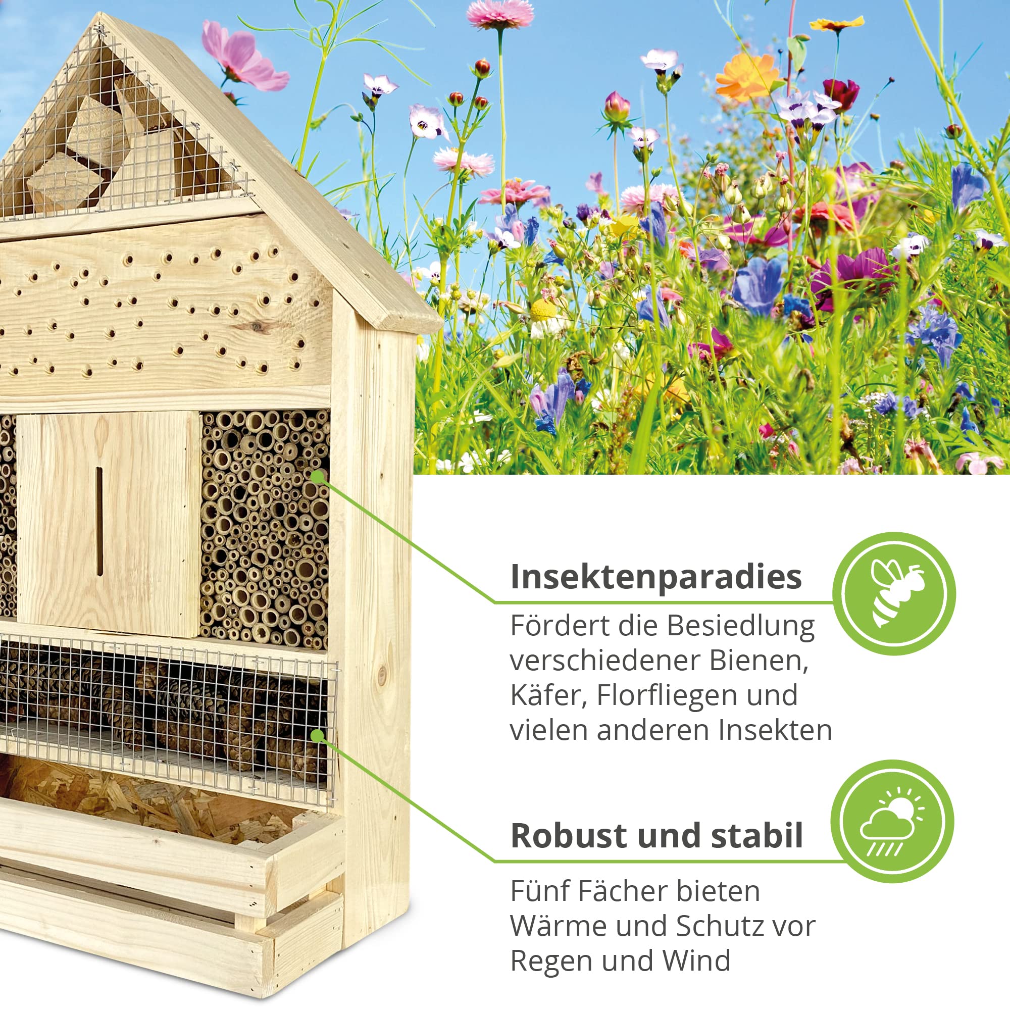 GARTENETAGE Insektenhotel zum Aufhängen XXL mit Pflanzenbalkon/Naturbelassenes, massives Insektenhaus & Bienenhotel/Insektenhotel Groß, Marienkäferhaus/Nisthilfe & Artenschutz