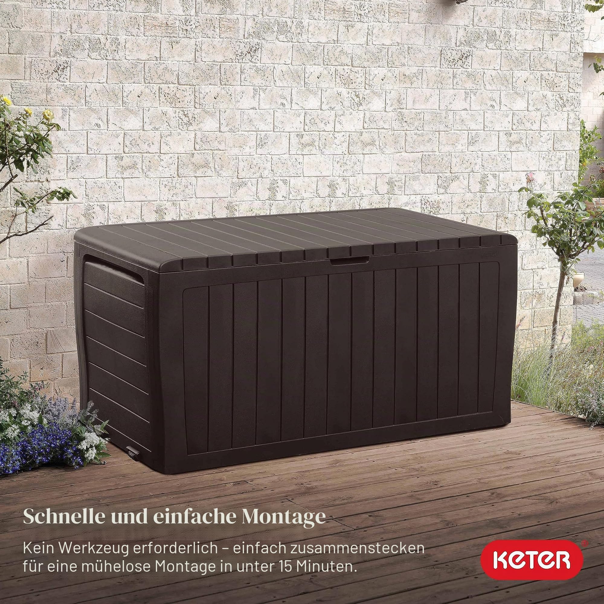 Keter Marvel Plus Aufbewahrungsbox für den Außenbereich, aus Kunstharz, für Terrasse, Kissen, Wurfkissen, Gartengeräte und Pool-Schwimmer, Braun