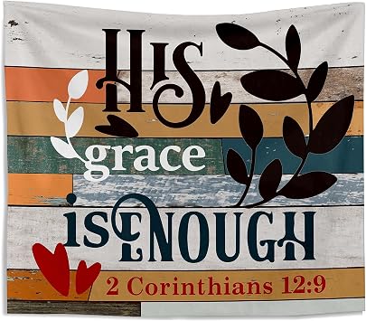 Knibeo Christian Tapestry Bible Scripture 2 Corinthians 129 His Grace is Enough Wall Hanging Tapestries Religious Wall Blanket Decor for Christian Home Bedroom Church 50x60 In