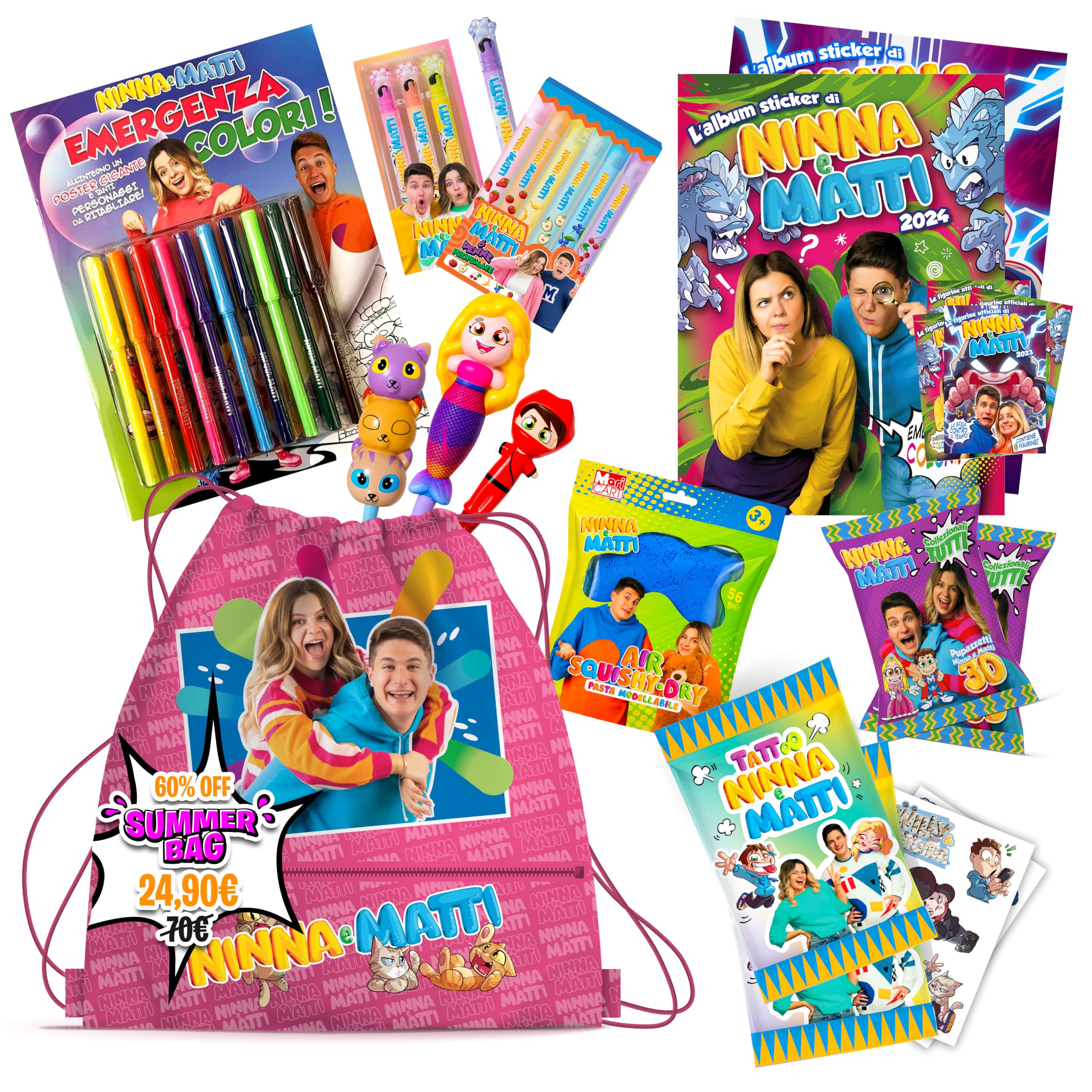 NINNA e MATTI Summer Bag, Box Regalo con Tantissimi Prodotti Ufficiali | Gadget, Figurine, Pupazzetti, Penne etc. (Summer Bag - 16 Pezzi)