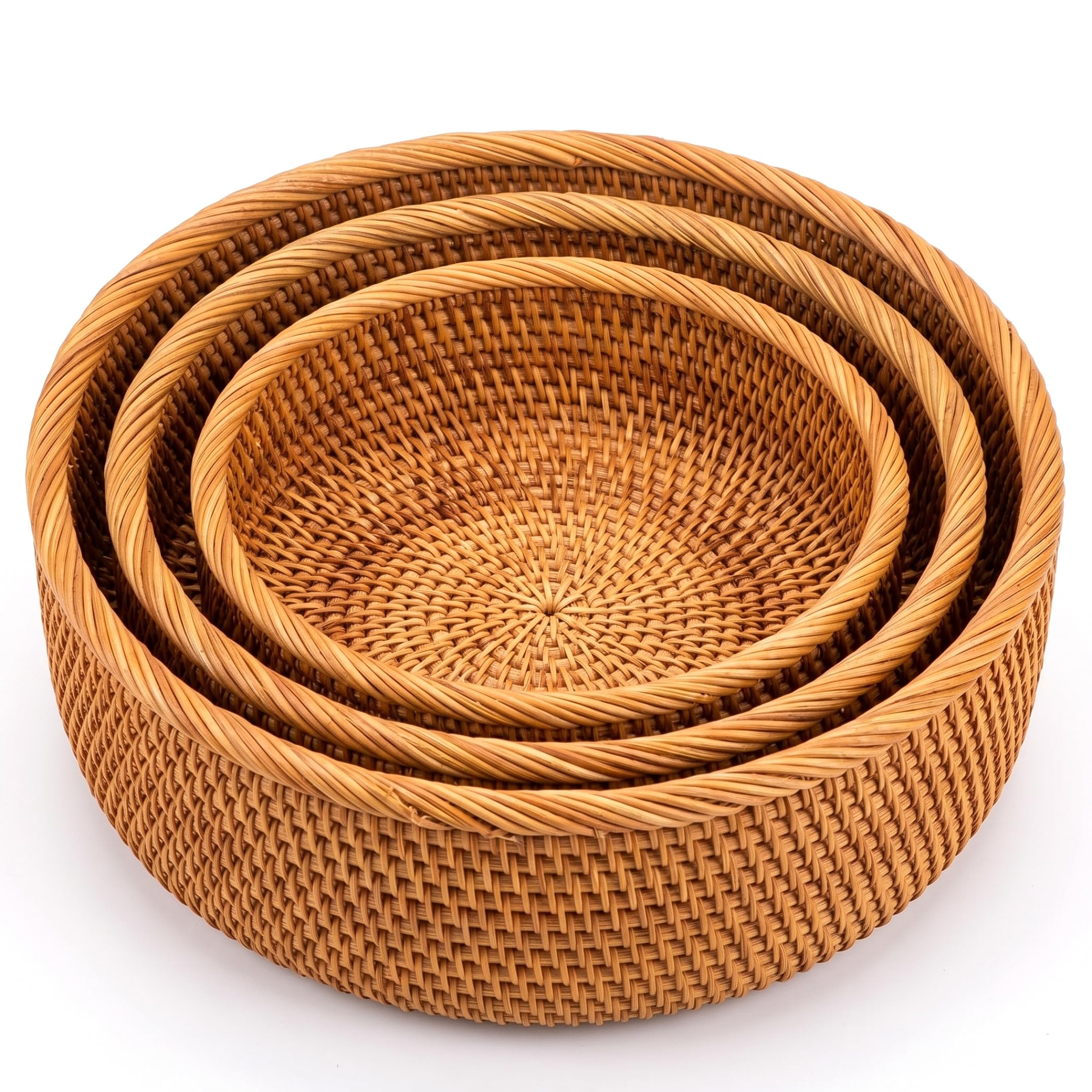 Gemuseeee Rattan Basket, 3pcs Round Wicker Basket, Round Bread Baskets For Serving, Home Organization, Natural Handwoven Storage Baskets, Wicker, Rattan, Bread, Br