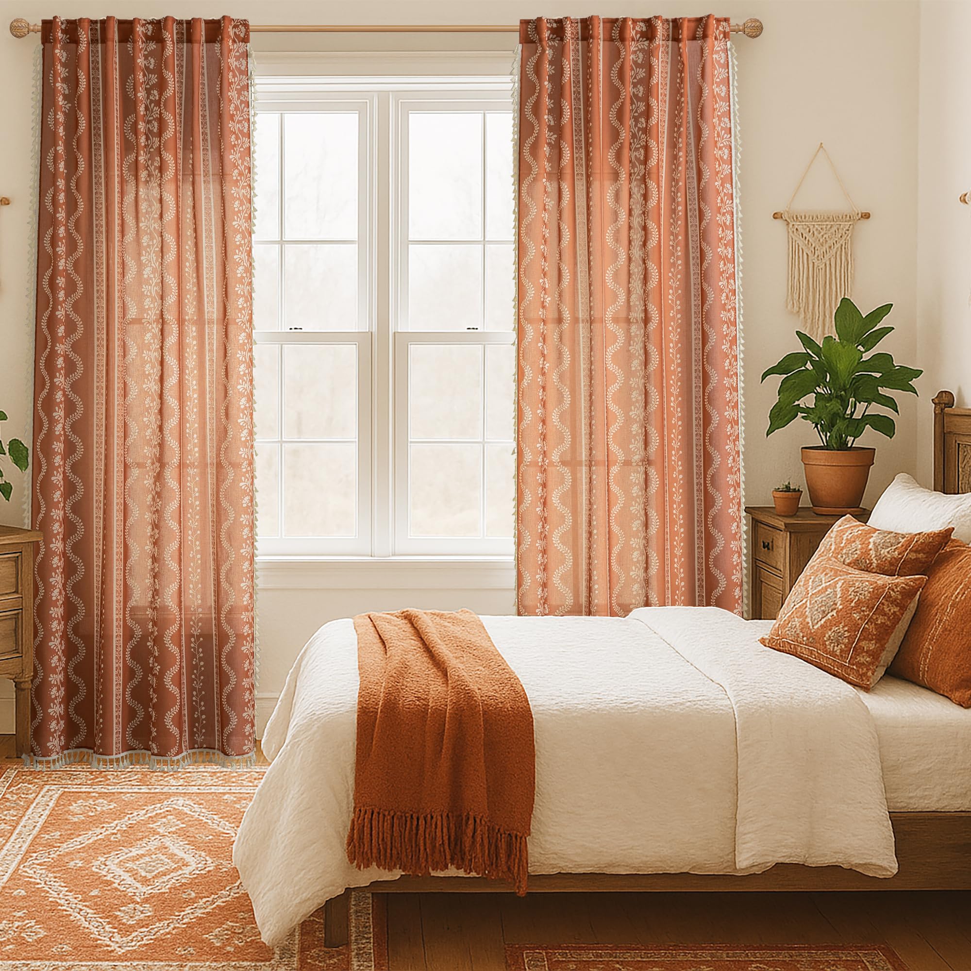 Böhmische Vorhänge mit Blumenmuster für Wohnzimmer, Terrakotta, Boho-Leinen, durchscheinende Vorhänge für Schlafzimmer, 244 cm lang