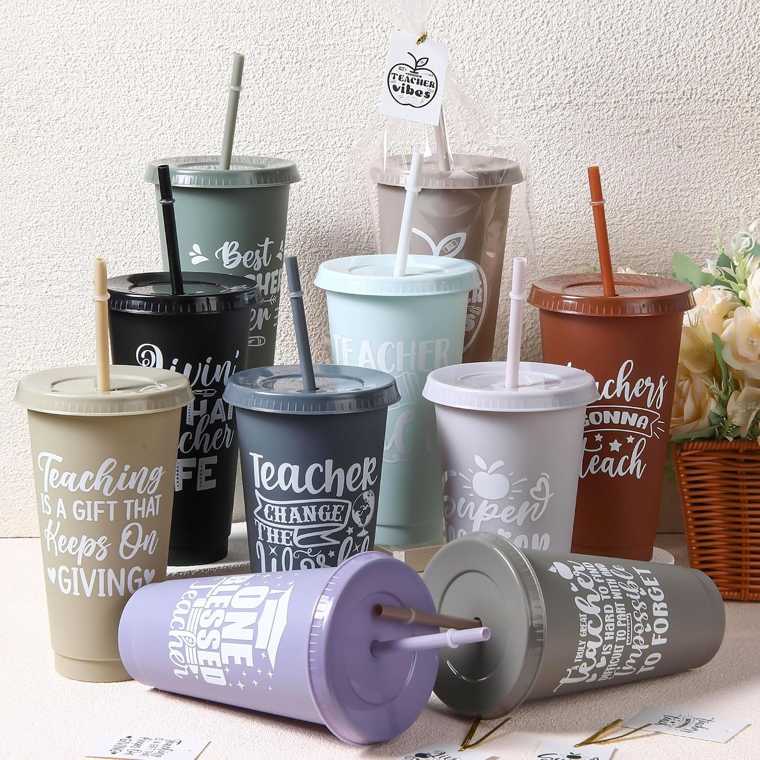 Funnymoom 30 Sets End of Year Teacher Gifts Bulk Teacher Appreciation Gifts for Women 24 oz Reusable Coffee Cup with Lid Straw Plastic Tumblers with Cards Opp Bags(Classic Style,Retro Color)
