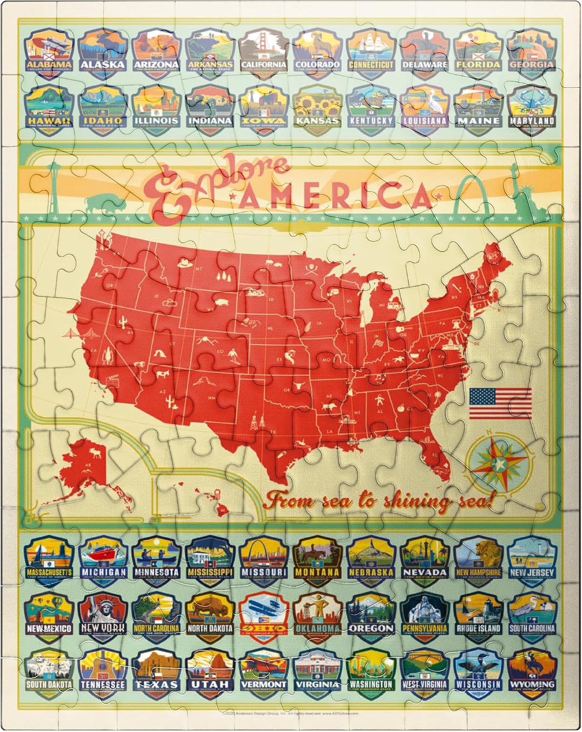 MyPuzzle Explore America Map: 50 State Emblems, State Pride Vintage Poster - Premium 100 Piece Jigsaw Puzzle for Adults