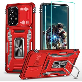 YmhxcY Case for Samsung Galaxy A53 2 Screen Protectors Slide Camera Cover Military Grade Protective Case 360  Rotating Metal Stand for Samsung Galaxy A53 Red