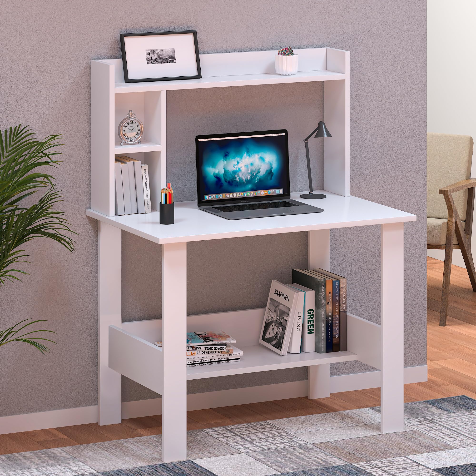 Callas ST-40 Wooden Study Table with Hutch & Bottom Storage – Multi-Purpose Office Desk for Laptop, Computer, Writing & Study – Durable Engineered Wood Workstation for Home & Office (White, ST-40)