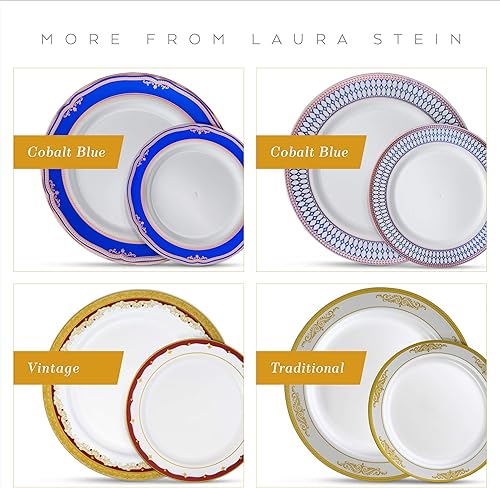 Miniatura 8 de Laura Stein Juego de vajilla de diseño, 32 platos desechables de plástico para fiesta, platos con borde burdeos y detalles dorados, incluye 16