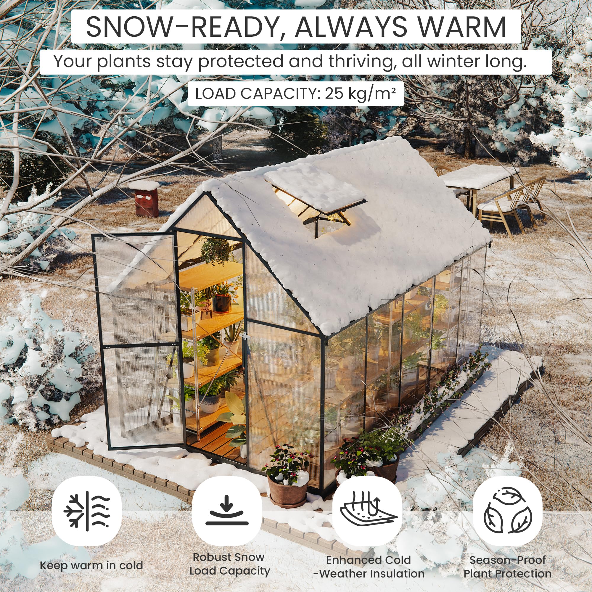 ALAULM Invernadero de Policarbonato de 6 x 10 pies, Gran Invernadero de Jardín Transitable con Puerta con Cerradura, Techo a Dos Aguas y Canalones de Lluvia de Doble Lado para Plantas, Patio, Jardín