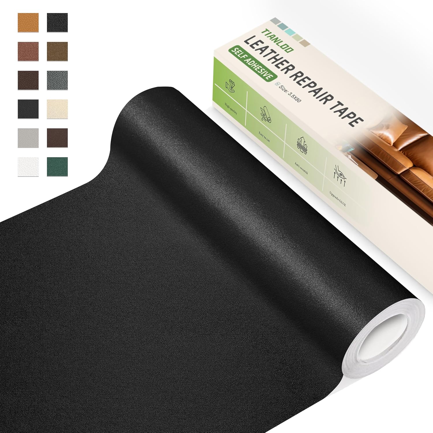 TIANLDD Leather Repair Tape,16 x 160 Inches Self Adhesive Leather Repair Patch，Leather Repair Kit for Furniture，Couches,Car Seats,Cabinets,Handbags(Black-Fine Lines)