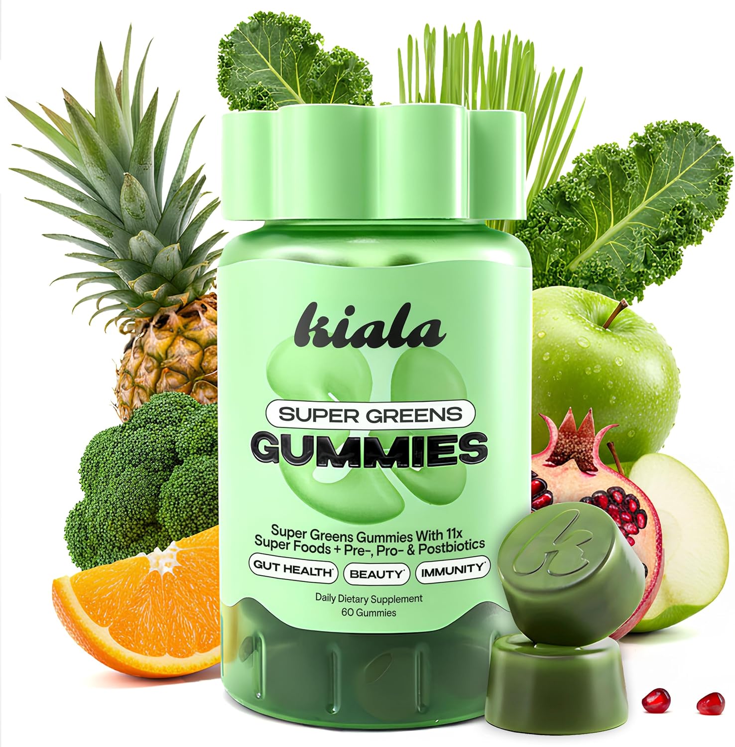 Kiala Nutrition Super Greens Gummies with 11x Organic Greens, Pre, Post & Probiotics, Antioxidants, Multivitamin, Fiber Supplement Supports Gut Health & Digestion, Dairy Free, Vegetarian, 60 Count