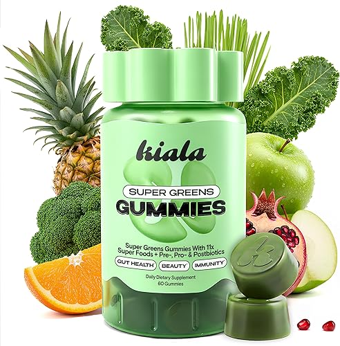 Kiala Nutrition Super Greens Gomitas con 11x Verduras Orgánicas, Pre, Post y Probióticos, Antioxidantes Suplemento de Fibra Gomosa Superalimento