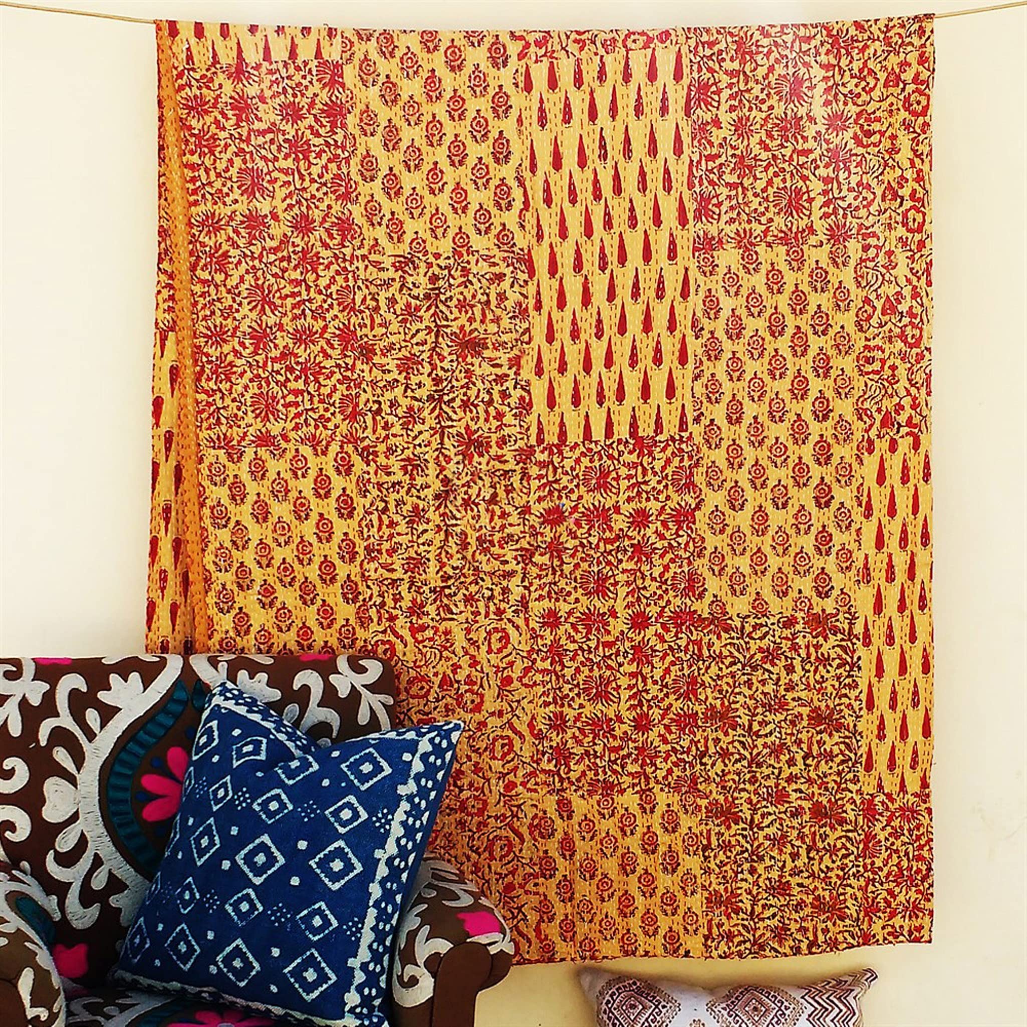Couvre-lit Kantha en coton artisanal fait main chic 228x274