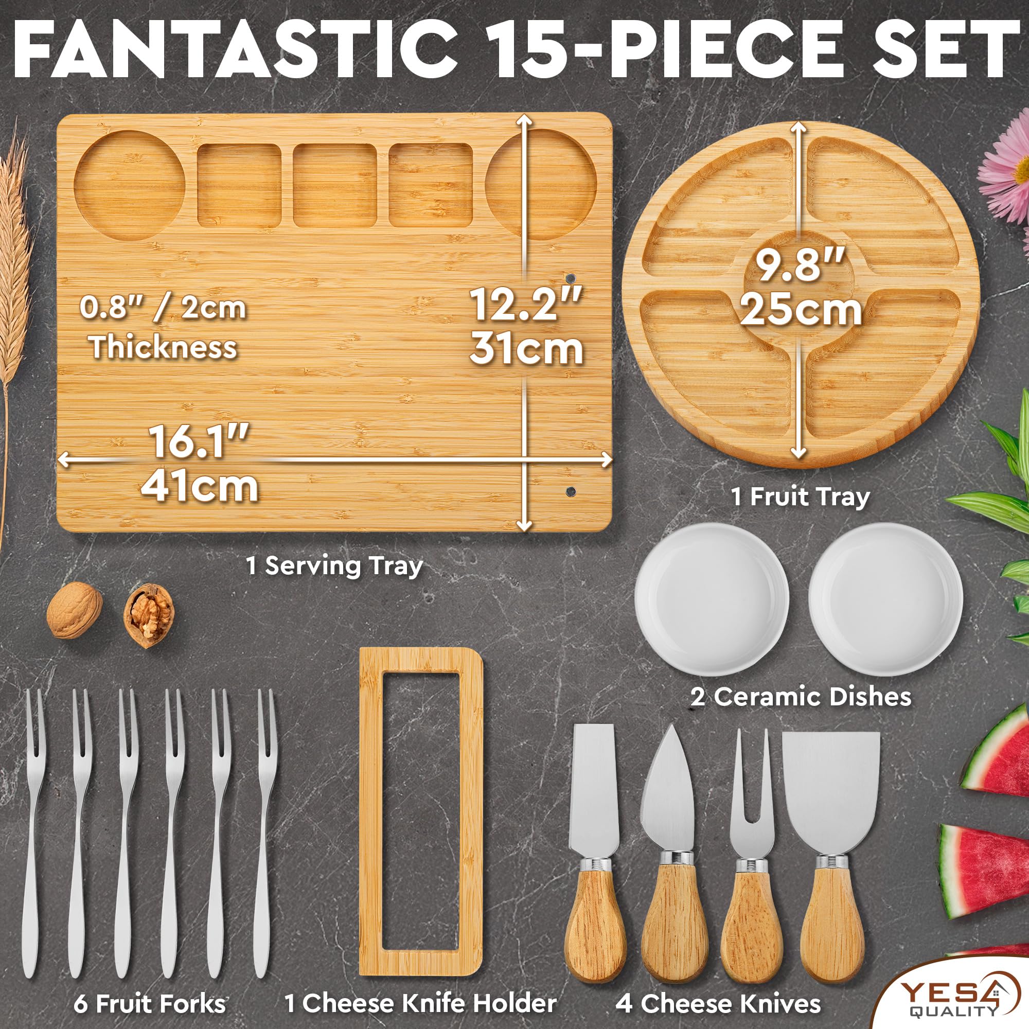 Charcuterie Boards Deluxe Gift Set - 15 Pieces, Bamboo - Large Cheese Board + Tray for Mother's Day, Birthday, Housewarming, Wedding Shower