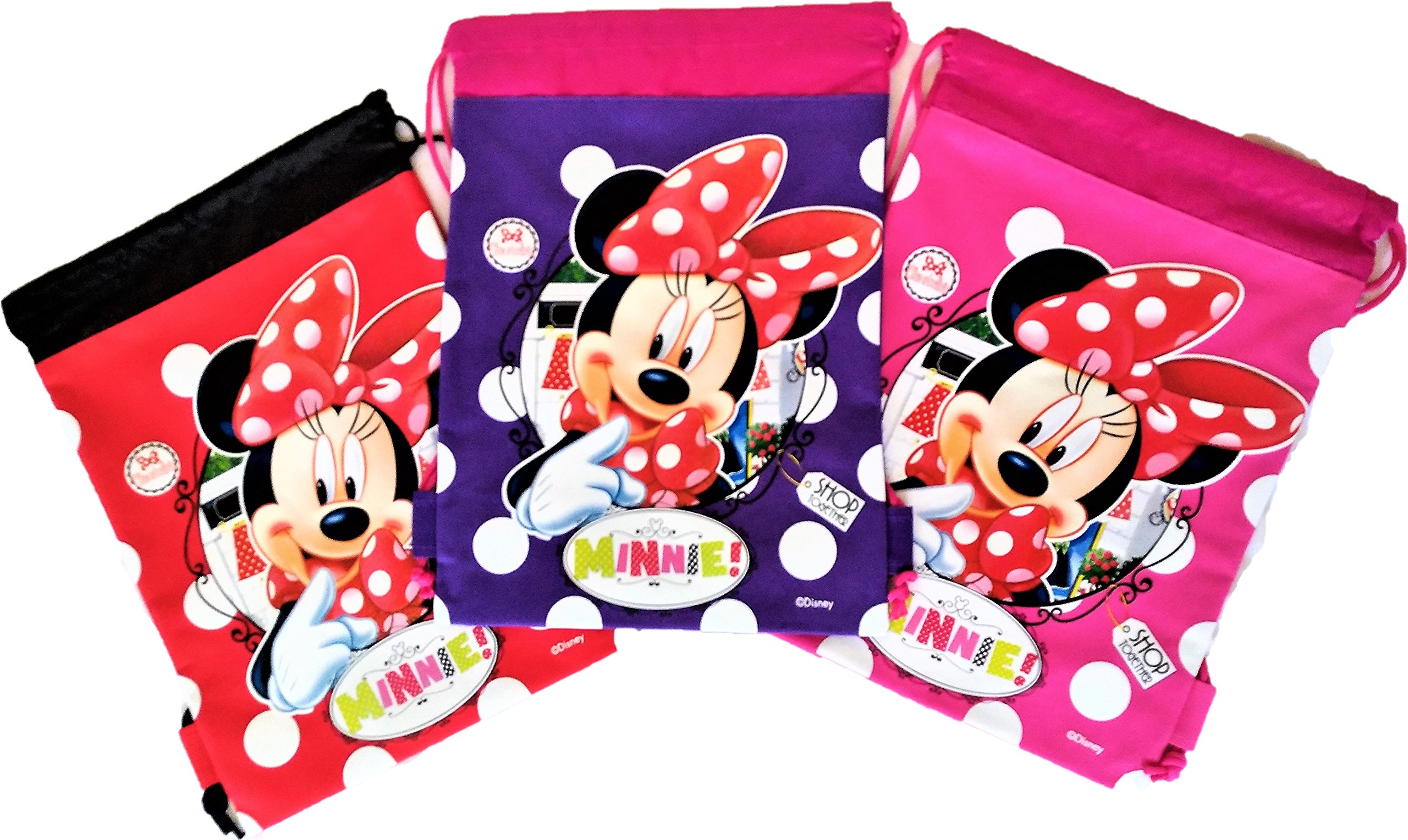 3 pcs Disney Minnie Drawstring Backpack Cute Child Sling Tote Gym Bag Pink Red Purple