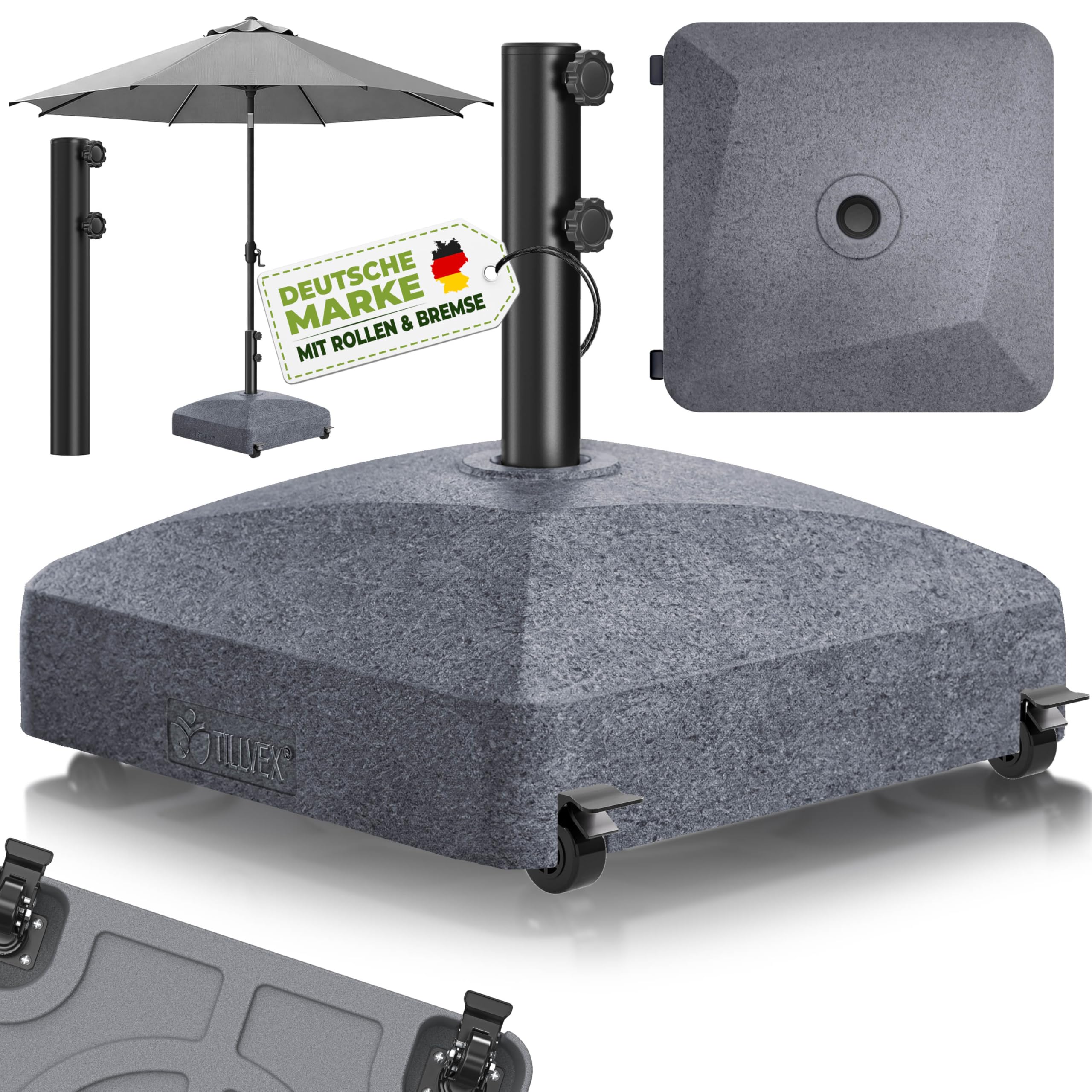 tillvex® Sonnenschirmständer GRAVIA mit Rollen & Bremsen | Schirmständer befüllbar 37 Liter / 56 kg | Schirmgewicht Sonnenschirm & Marktschirm Ø 1,8-3,7m | Wetterfest & UV-beständig