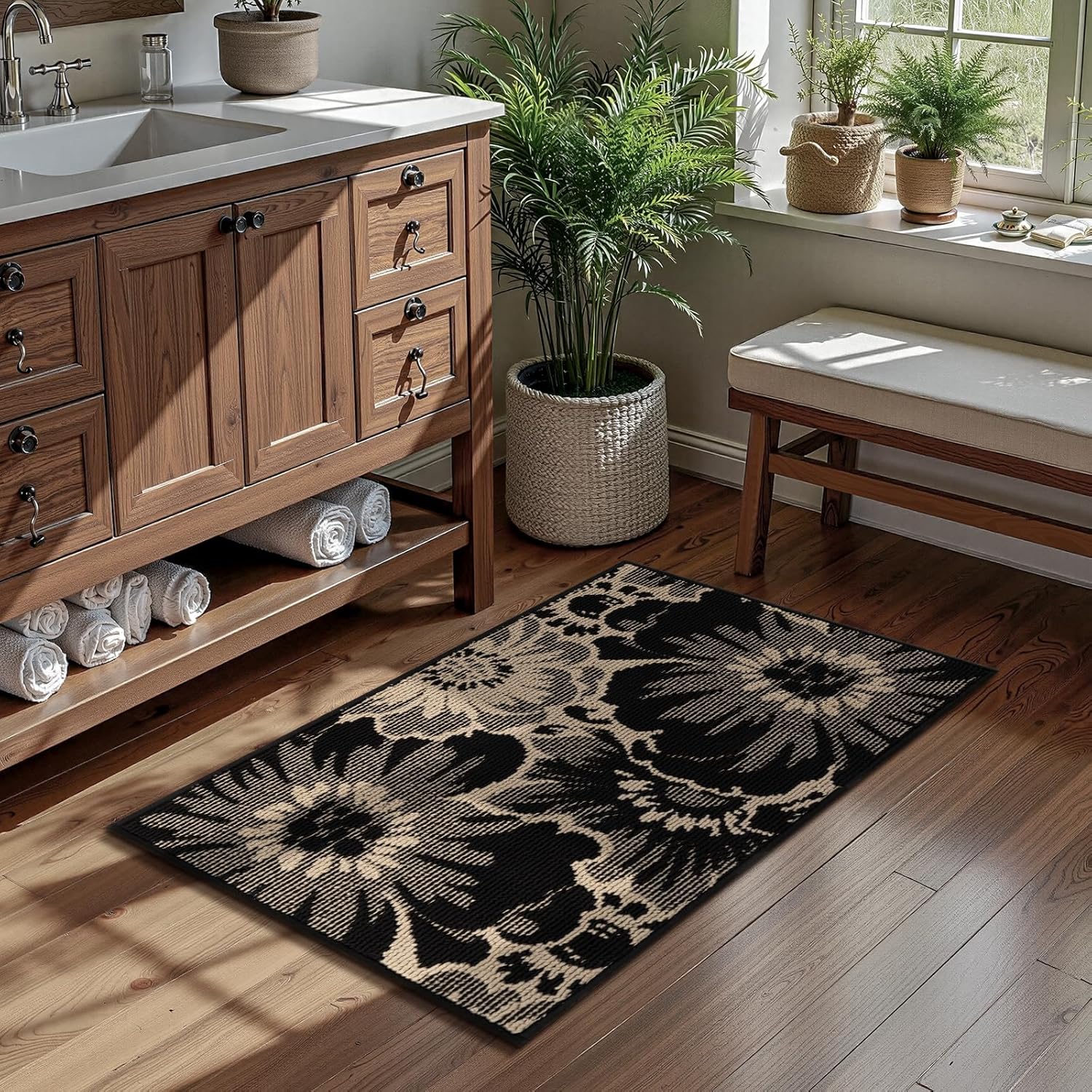 Findosom Washable Runner Rug 2x3, Non Slip High-Low Textured Floral Small Entryway Rug with Rubber Backing, Boho Carpet Runner for Indoor Door Mat, Kitchen, Bedroom, Laundry, Black & Beige