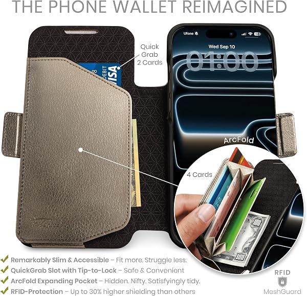 dreem Wallet Case for iPhone 17 Pro Max, Revolutionary Vert/Hor Phone Stand, Magnetic Detachable Vegan Leather Flip Cover RFID Blocking Card Holder, MagSafe-Fit, Gift Box [Fibonacci: Metal] - 2
