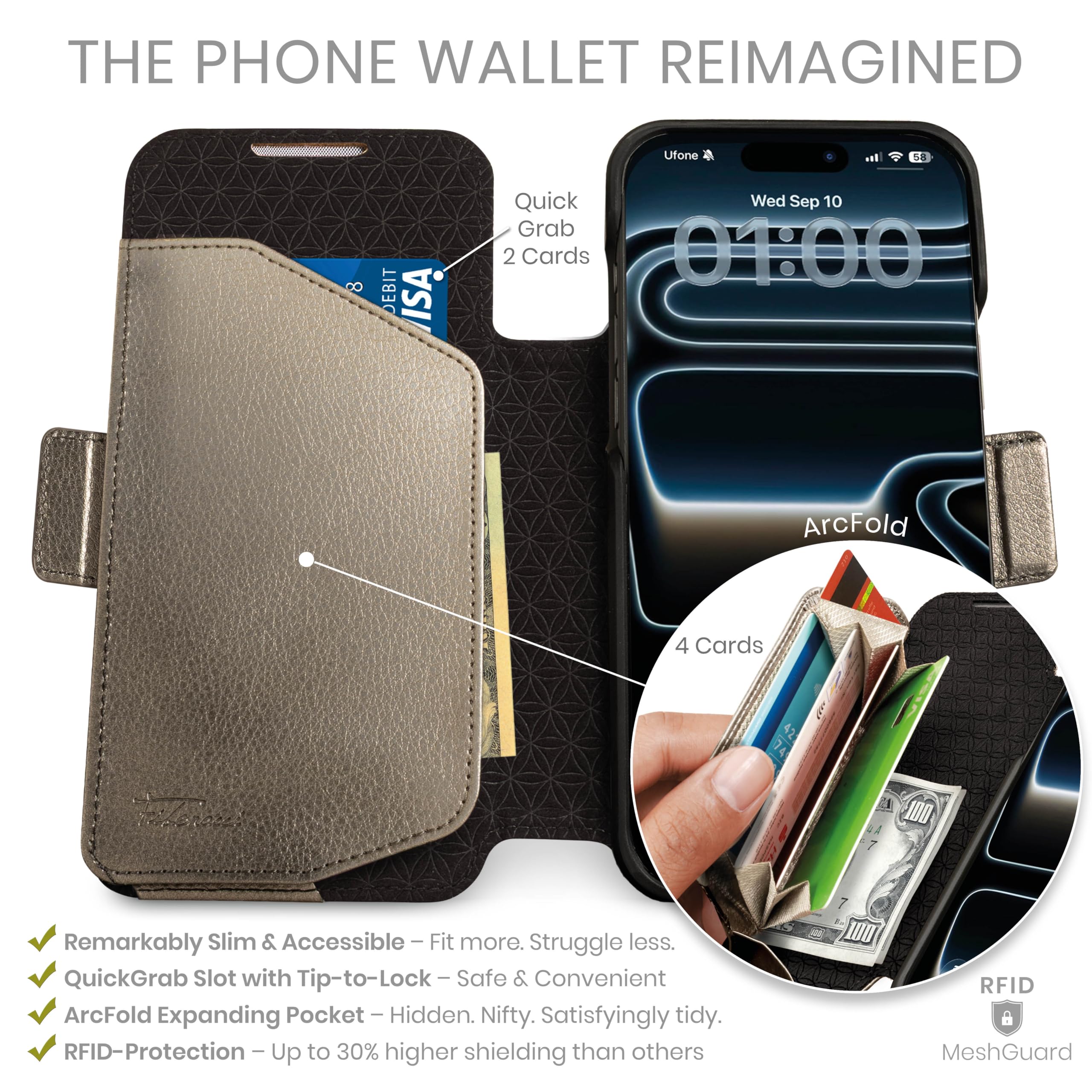 dreem Wallet Case for iPhone 17 Pro Max, Revolutionary Vert/Hor Phone Stand, Magnetic Detachable Vegan Leather Flip Cover RFID Blocking Card Holder, MagSafe-Fit, Gift Box [Fibonacci: Metal] - 2