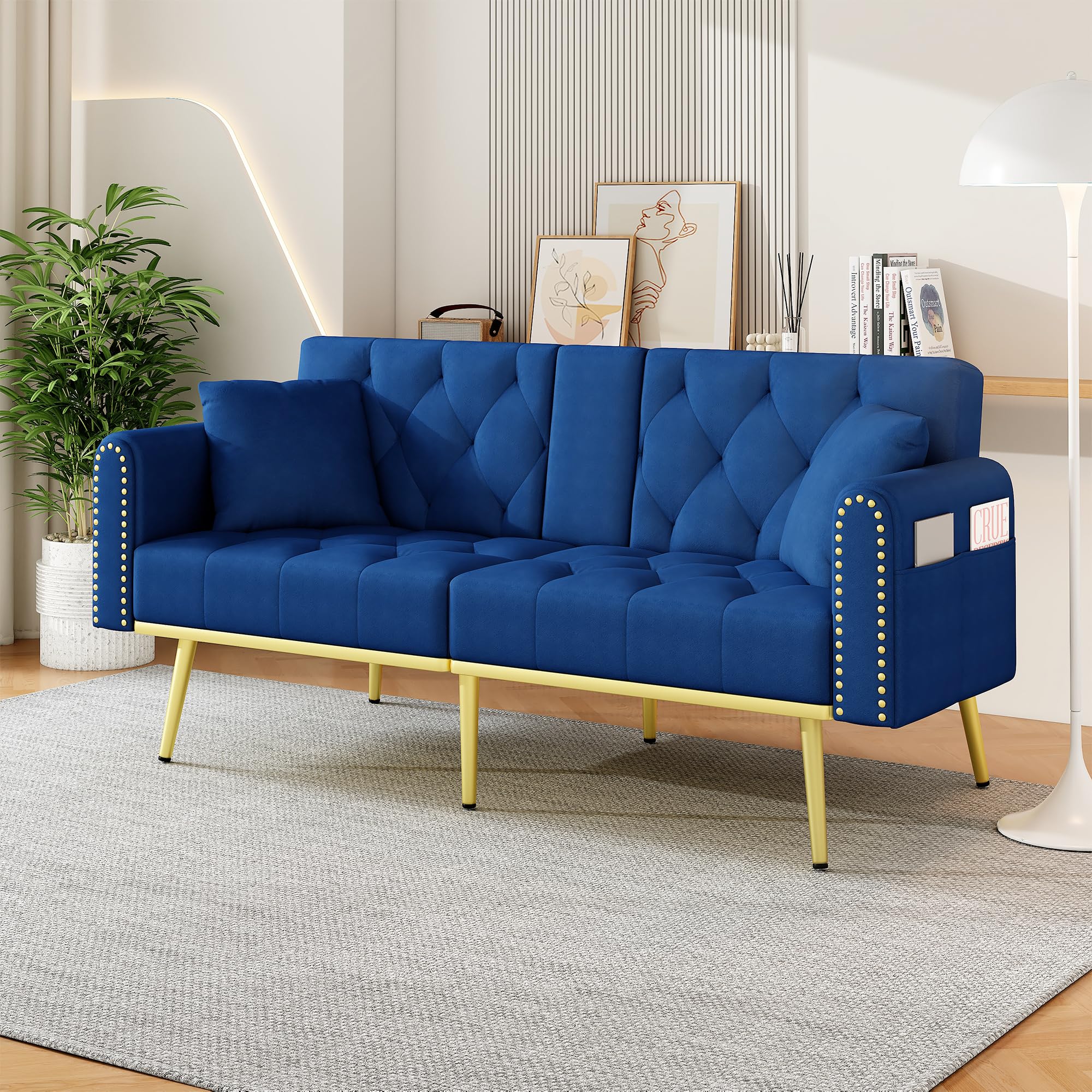 SACOOL Sofá cama doble plegable con función reclinable, tres ángulos de inclinación ajustables, soporte para bebidas, funda de tela, color azul, adecuado para salón, dormitorio, cine en casa