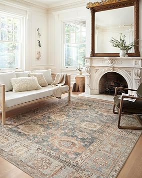 Loloi Margot Collection MAT-03 Ocean/Spice 2'-6" x 9'-6" Runner Rug, No-Shed Easy Clean Large Patterned Area Rug for Living Room, Bedroom, Dining Area