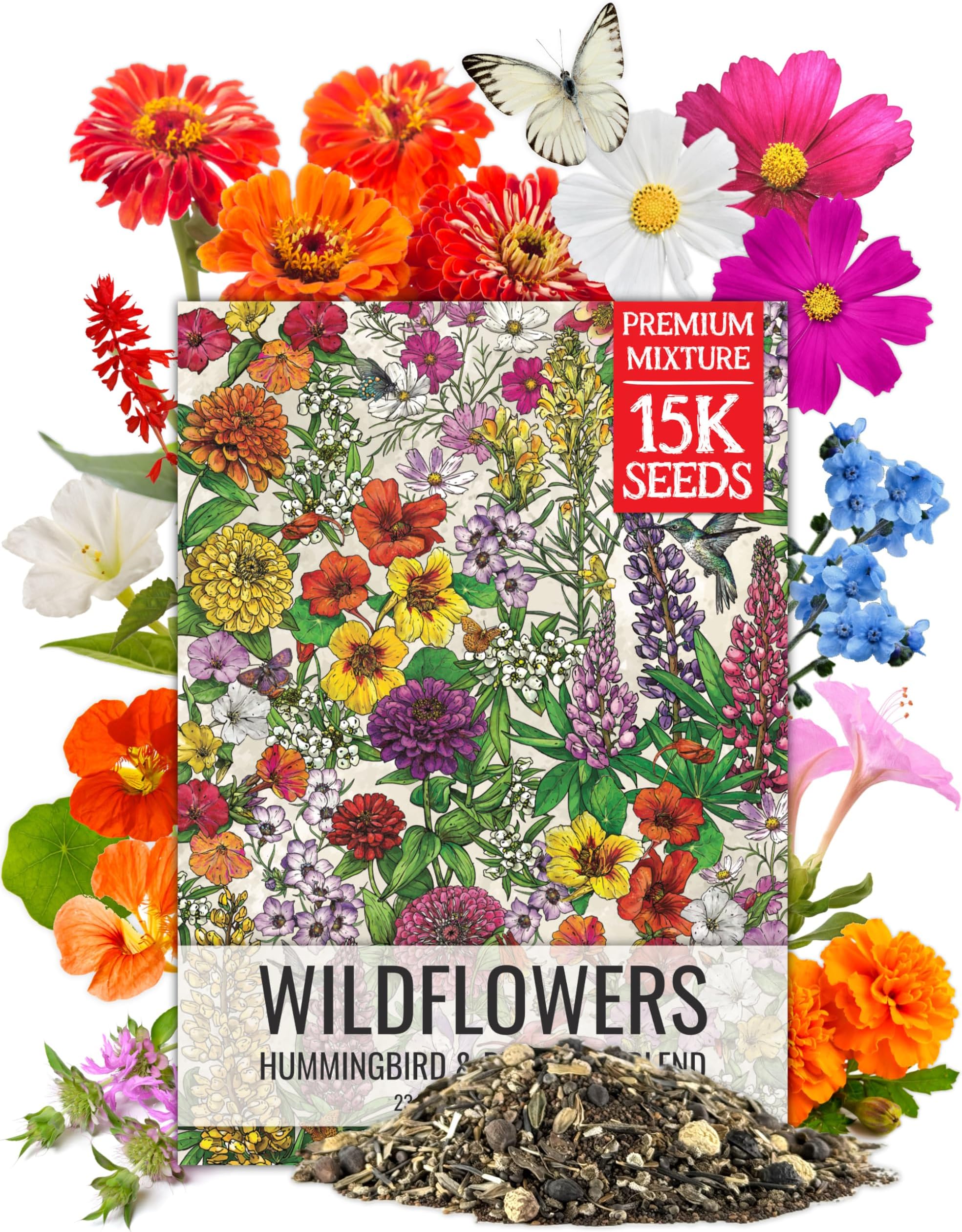 Seed Needs Flower Seeds Hummingbird and Butterfly Seed Mix 1 Ounce No Filler | 23 Varieties Garden Seeds Annual & Perennial Species | Pollinator Attracting Flowering Seed | Bulk Resealable Package