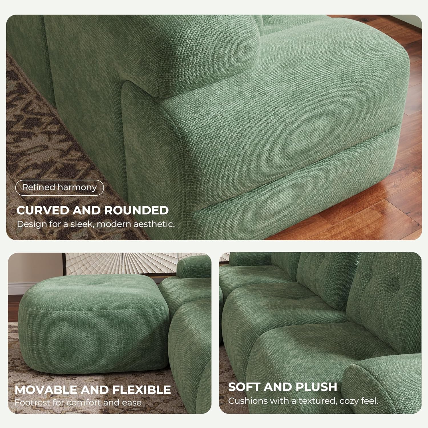 145'' U-Shaped Modular Sectional Sofa Couch, Full-Foam Structure, Compression Packaging Design, Woven Texture Upholstery, Oversized Modern Sofa for Living Room – Sage Green