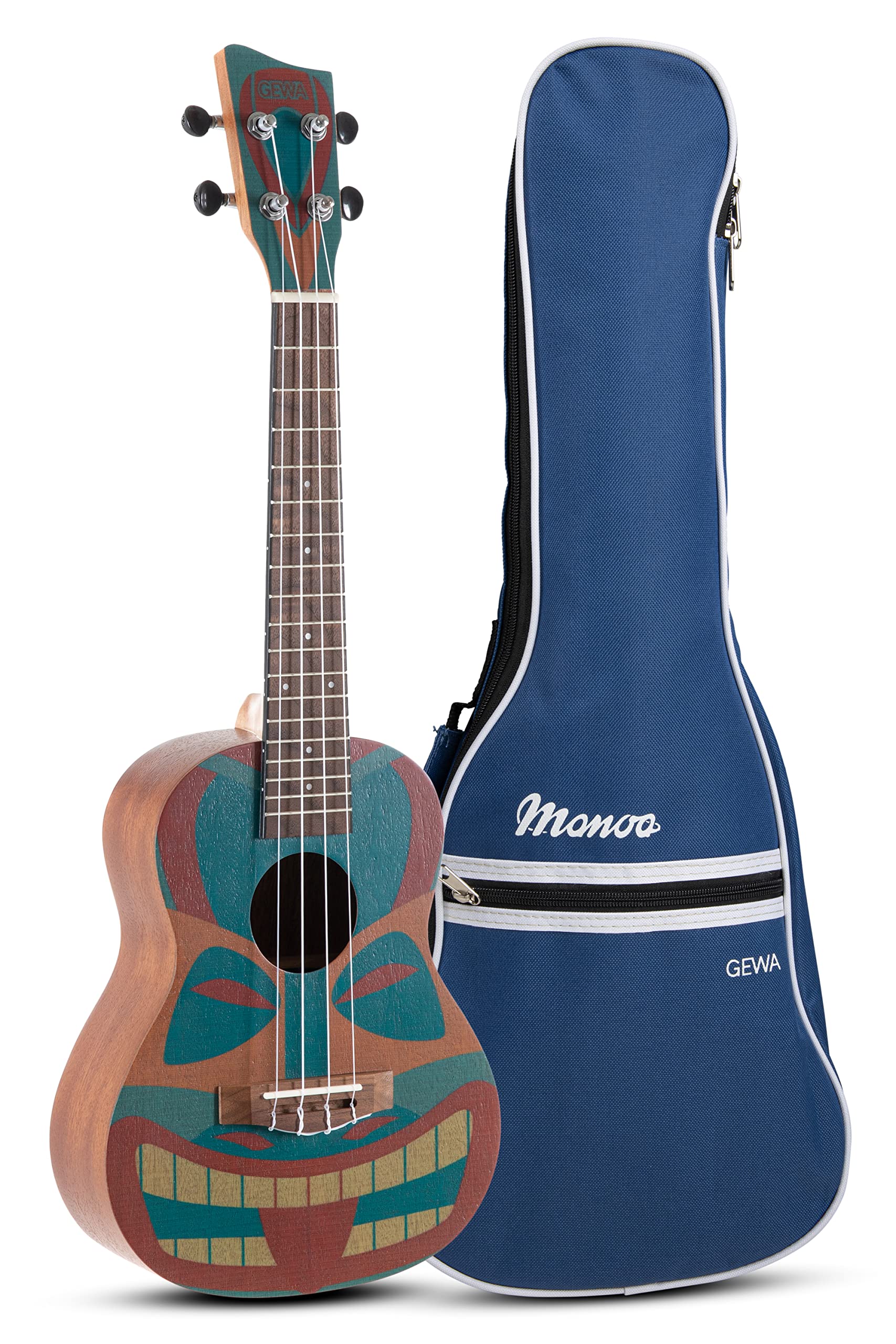 GEWA Concert Ukulele Manoa Tiki - Korpus Sapelli - Tiki Design 2 - mehrfarbig/Naturholz dunkel seidenmatt - inkl. gepolstertem Gig Bag - K-CO-TB
