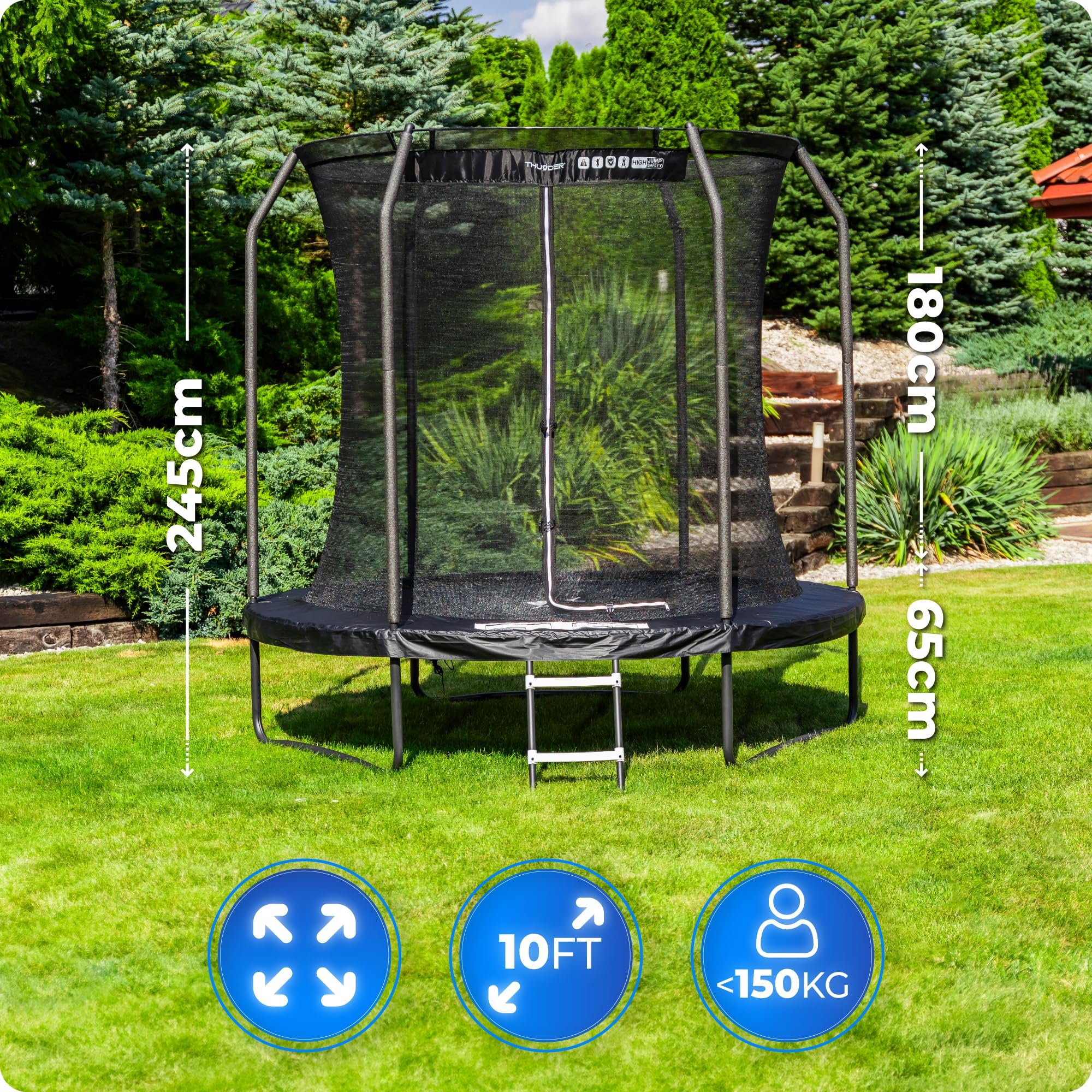 THUNDER Trampolino da Giardino Outdoor con Rete di Sicurezza & Scala – Stabile & Resistente alle Intemperie per Giardino e Tempo Libero