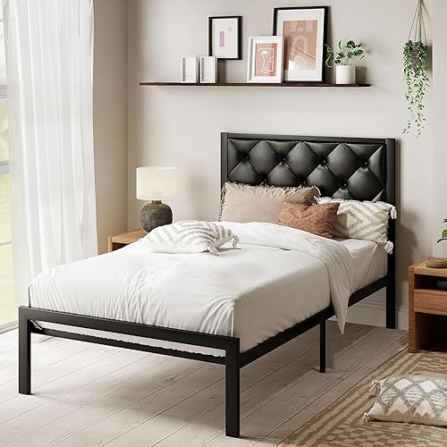 Miniatura 7 de MUTICOR Elegante marco de cama de tamaño individual con cabecera copetuda, diseño acolchado suave, listones de metal resistentes, almacenamiento