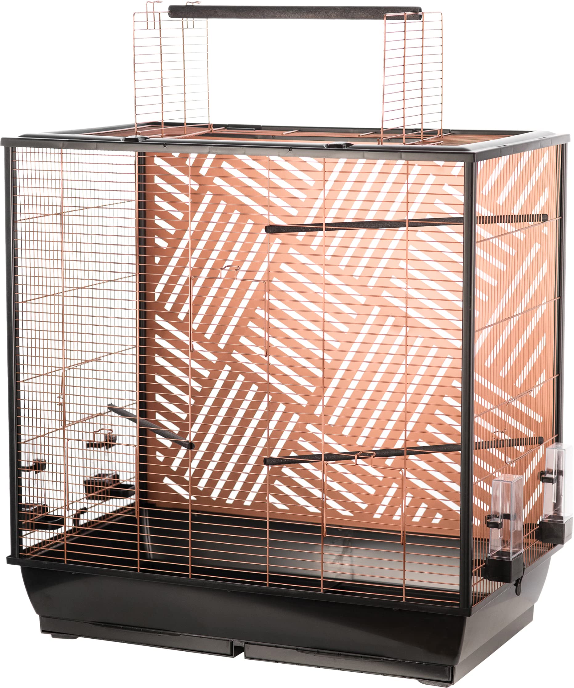 Flamingo Vogelkäfig – Voliere Vögel – Sittichkäfig Siri Kupfer – 78×48×100 cm – 4 Sitzstangen & 4 Näpfe, 5 Klappen + Dachöffnung, Doppel-Schubladen, Deko-Rückwand