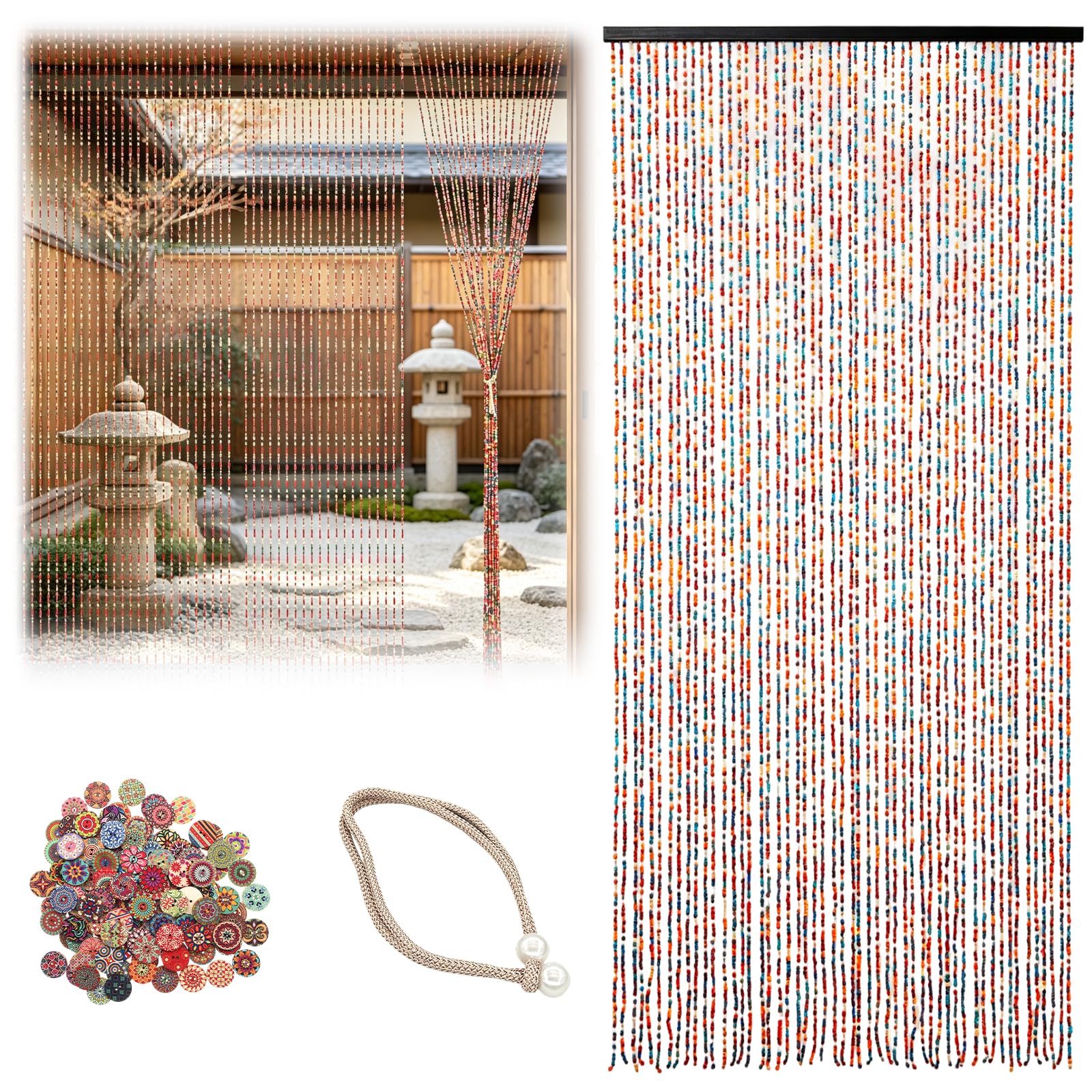 Rideau de porte en perles de bambou 90 x 200 cm, 52 brins pour portes | Rideau de porte rétro fait à la main pour fenêtres, portes, chambres comme rideau de décoration et moustiquaire