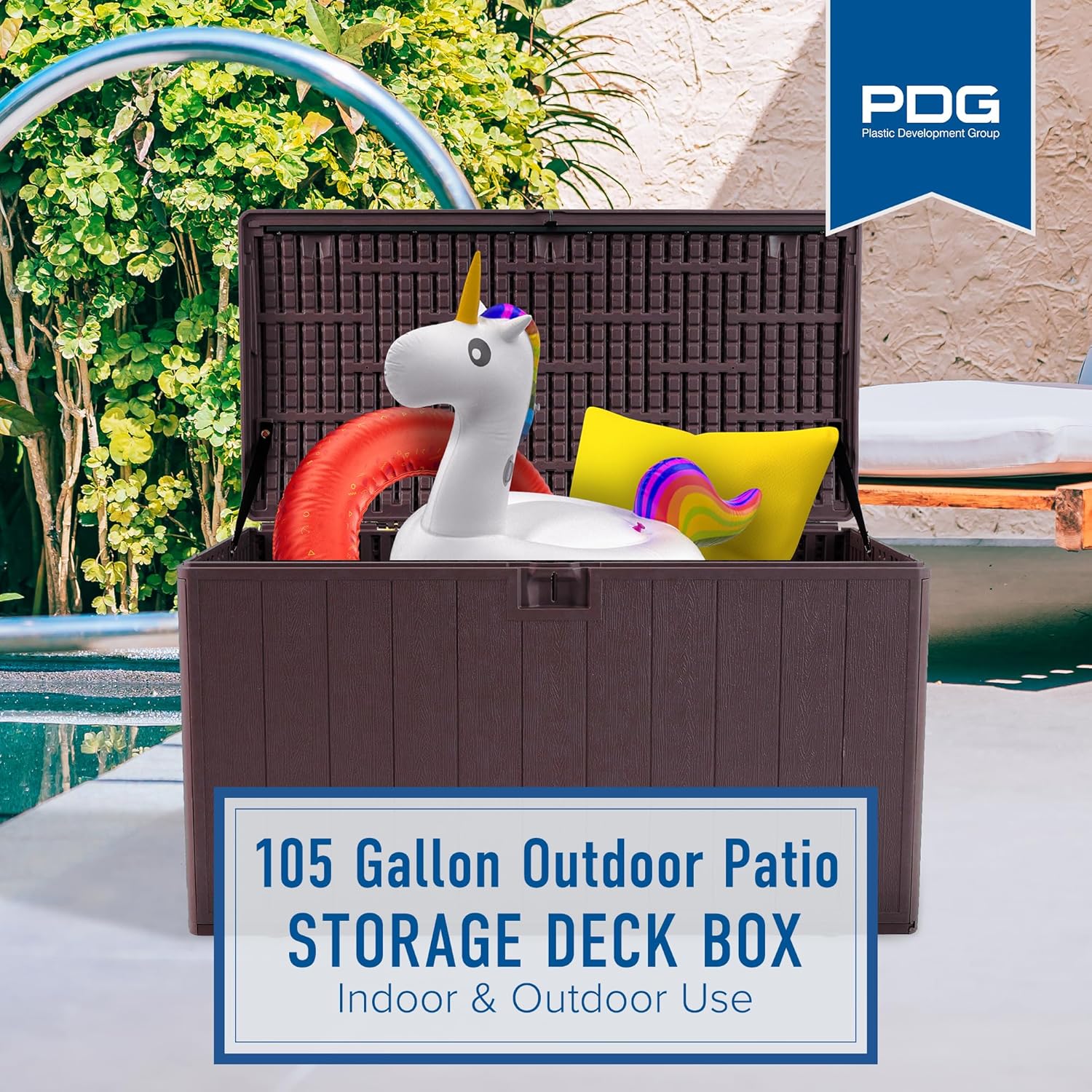 Plastic Development Group Outdoor Storage Deck Box, Standard Closure, 105 Gallon, Java