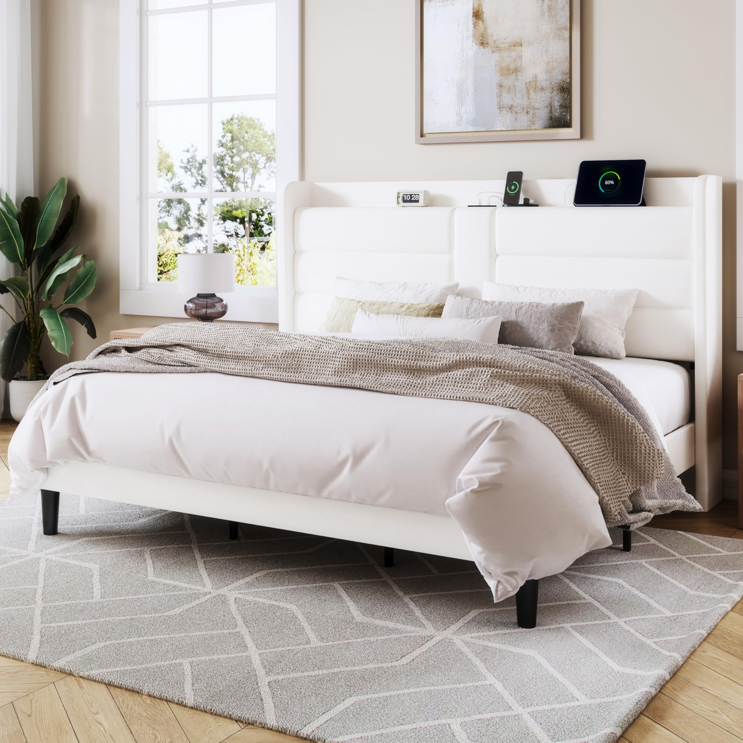 Allewie King Size Platform Bed Frame with Charging Station