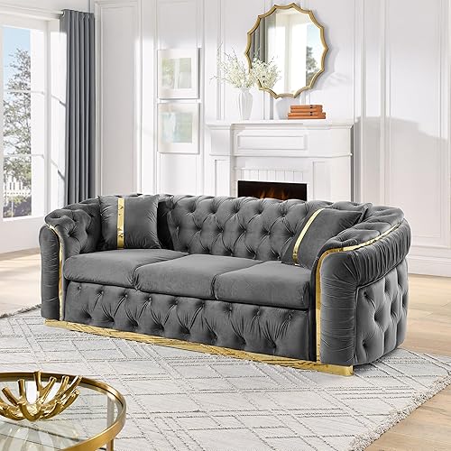 Miniatura 6 de KEIKI Juego de sofá Chesterfield de lujo de 2 piezas con 2 sofás de terciopelo de gran tamaño de 3 plazas, juego moderno tapizado de 6 plazas con
