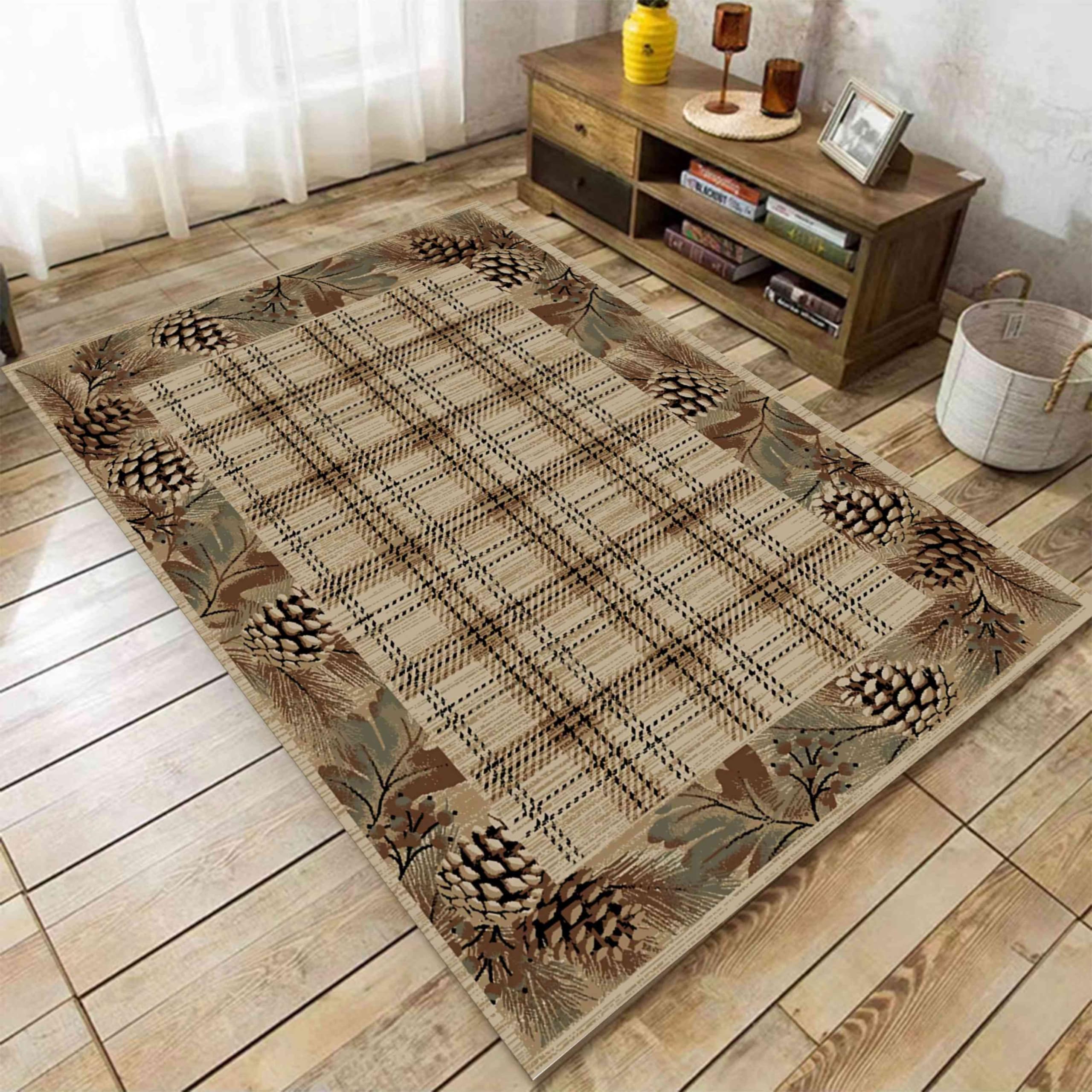 LHOMKCV Rustic Cabin Area Rug, 4x6ft, Country Nature Leaf Pine Cone Border Accent Rugs, Lodge Brown Buffalo Plaid Rug, Non Slip Machine Washable Low
