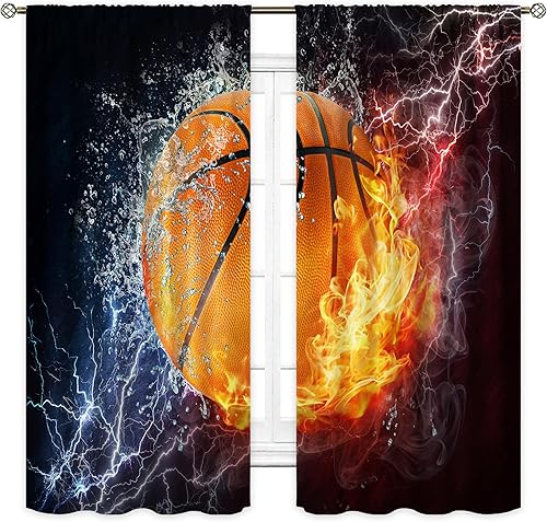 Cinbloo Cortinas deportivas para dormitorio de niños, 42 pulgadas de ancho x 63 pulgadas de largo, con bolsillo para barra, cortinas de baloncesto