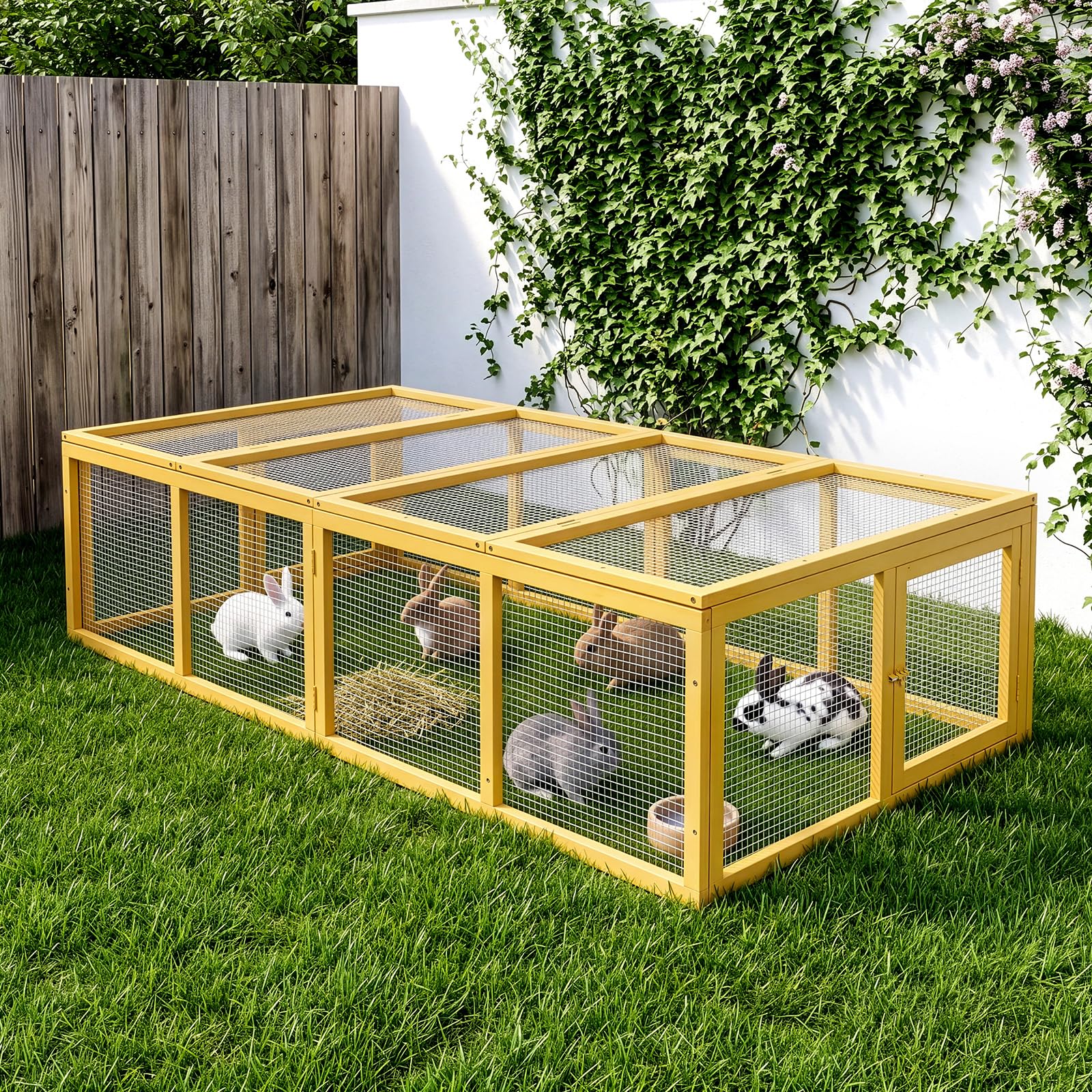 freilaufgehege Holz, kaninchenstall mit klappbarer Abdeckung, 180 x 90 x 48 cm, Großer Raum, geeignet für kleine Tiere zum Herumstreifen im Freien, Gelb