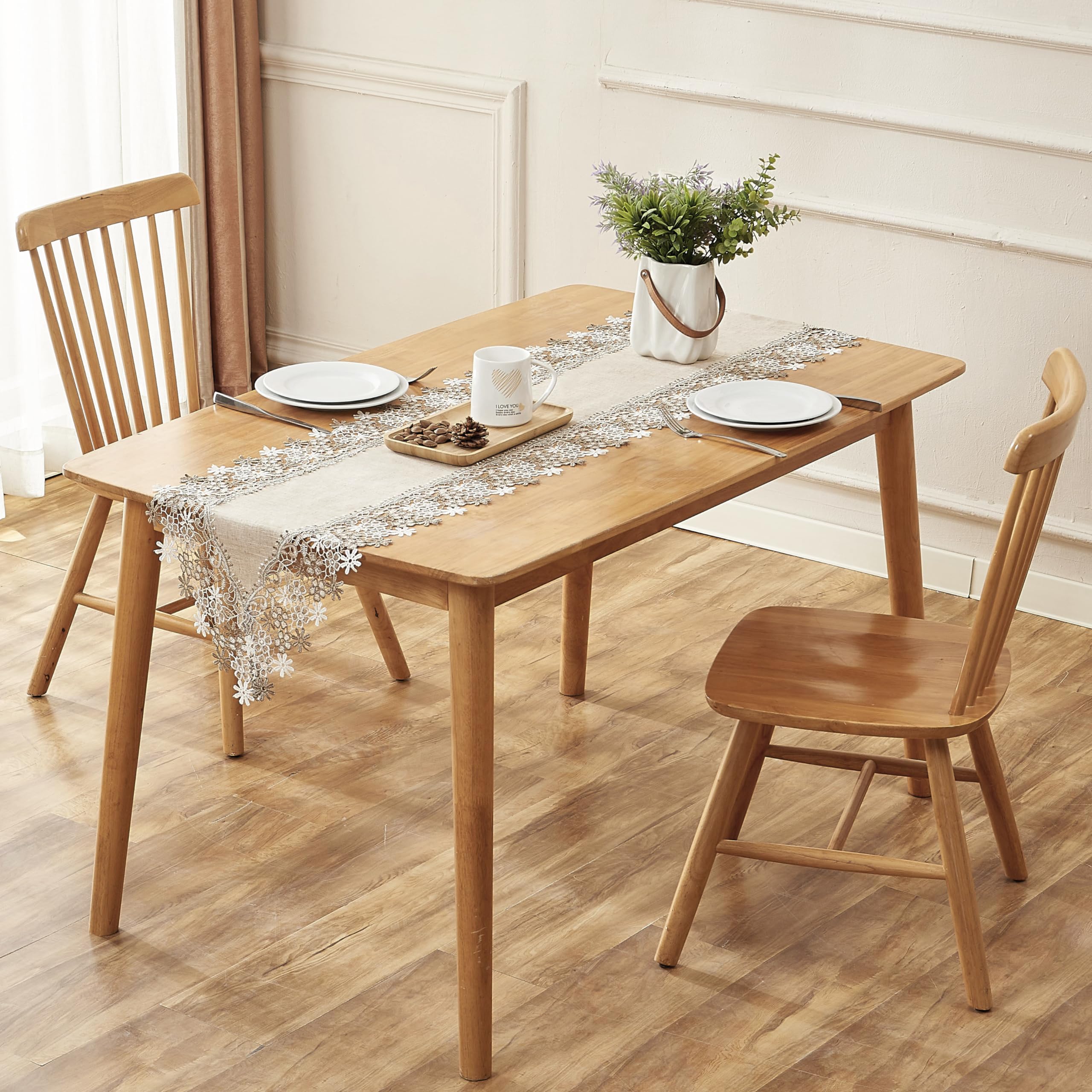 Runner da tavola in pizzo floreale con tonalità neutre naturali beige 274,3 cm di lunghezza per la decorazione della casa (naturale, 40,6 x 274,3 cm)